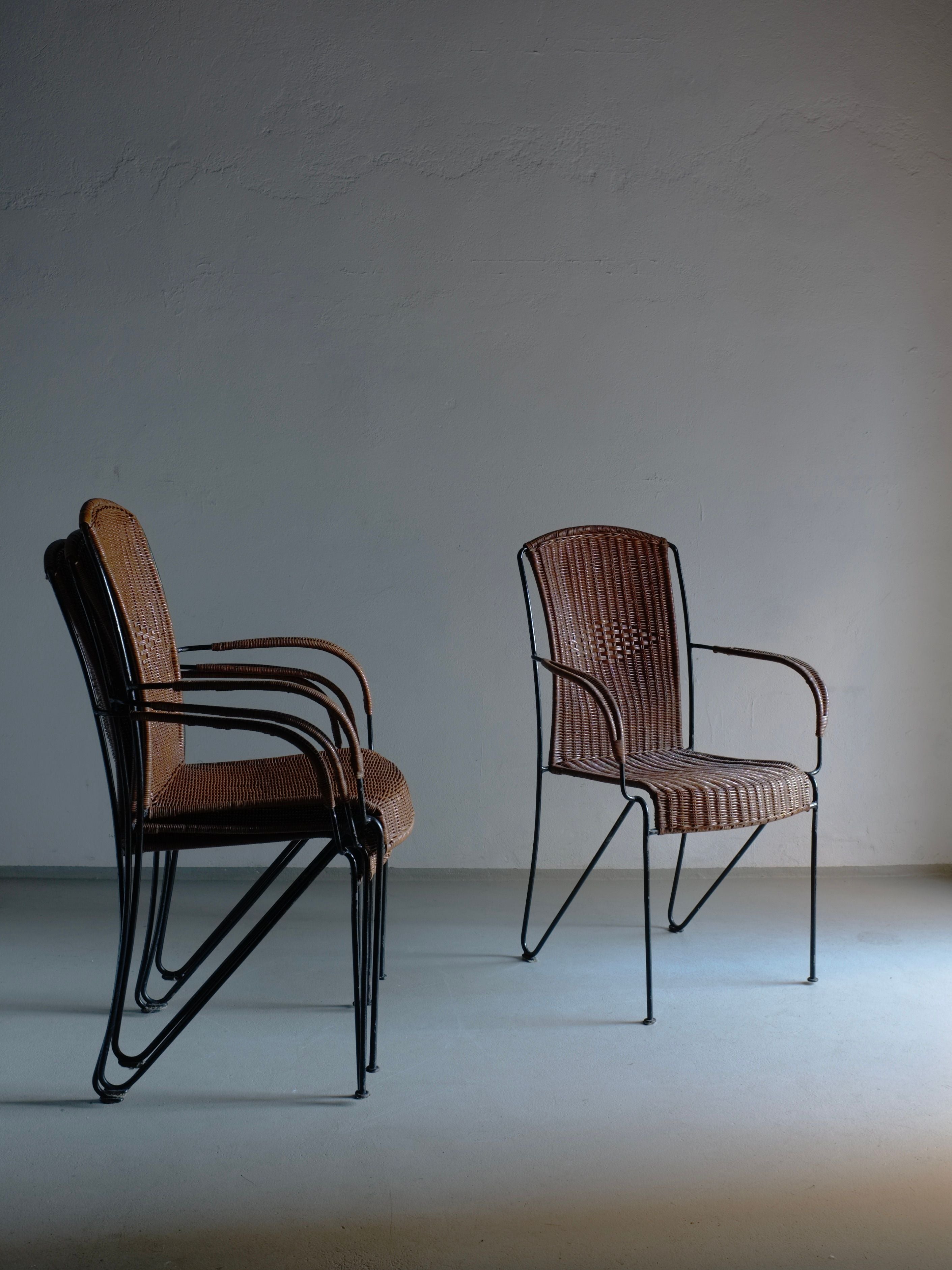 4 Frederick Weinberg Wicker Iron Armchairs, 1960s