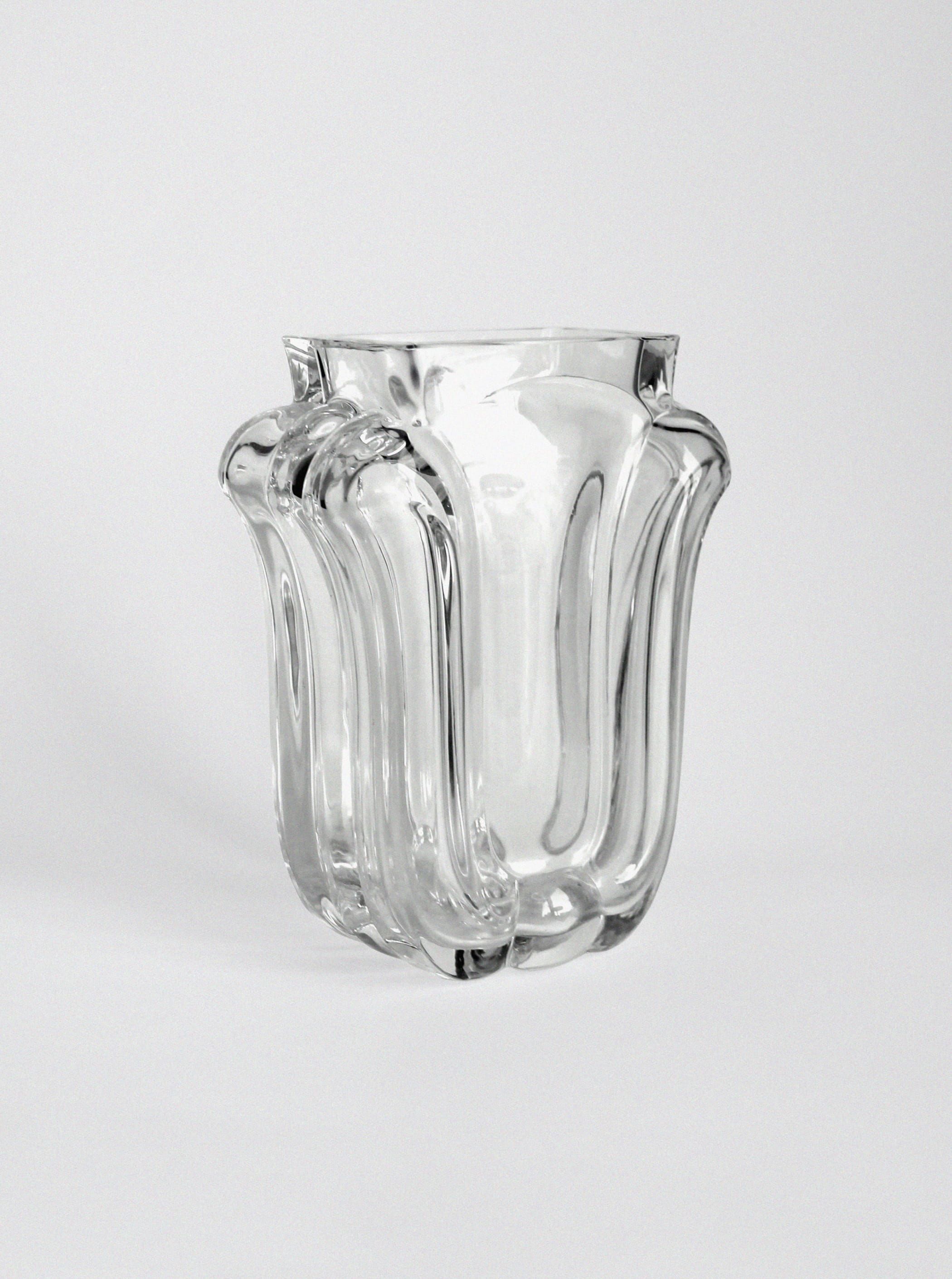 The Lars Hellsten "Tulip" Crystal Glass Vase by Vintage Stories features thick, wavy sides and an irregular sculptural shape, shown here against a plain white background.