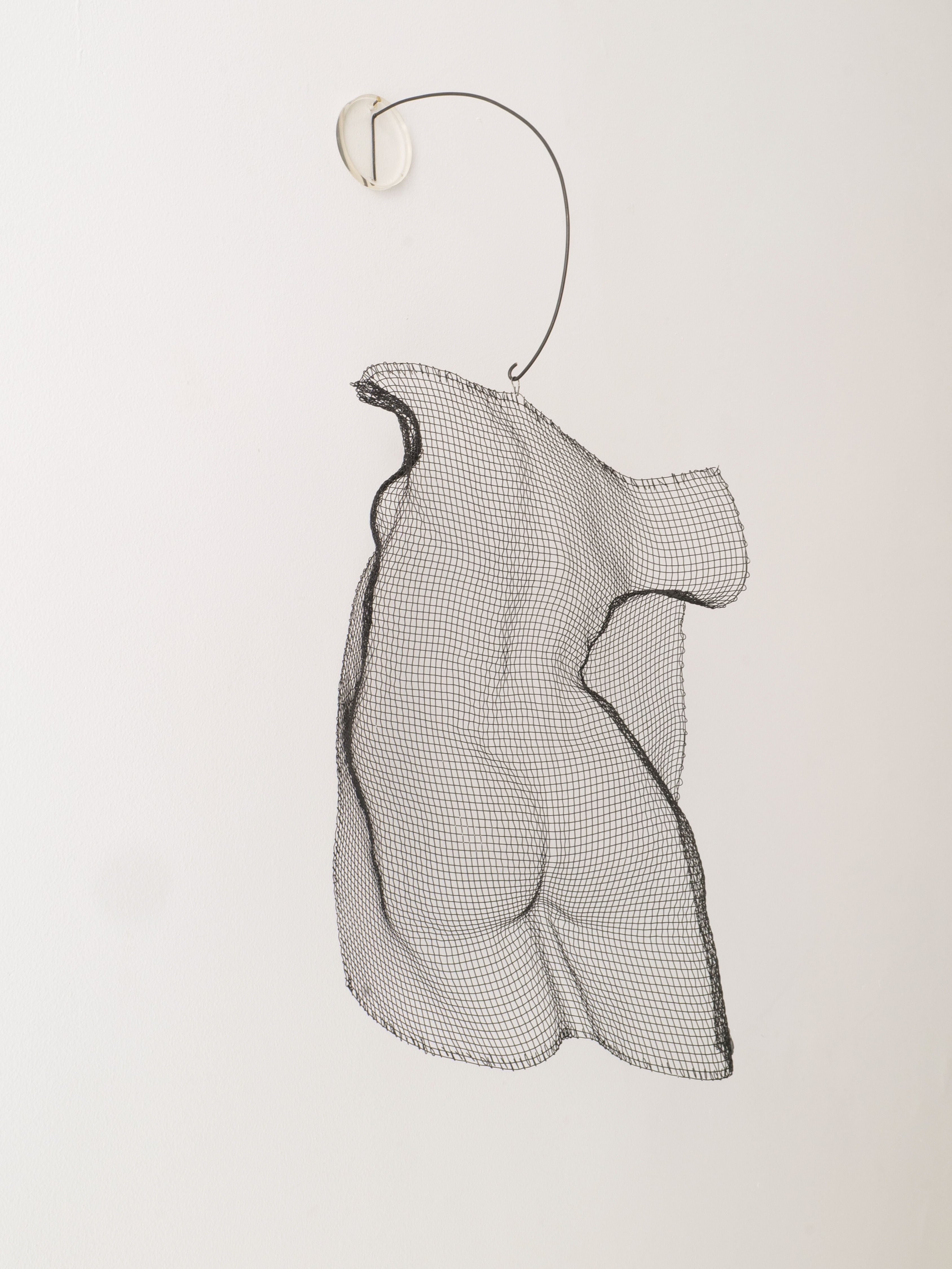 The 'Turning Torso' Wall Sculpture by Collection apart is a Swedish-style copper mesh piece hanging from a thin, curved wire, expertly shaped to form a human torso that creates a striking 3D effect against any light background.