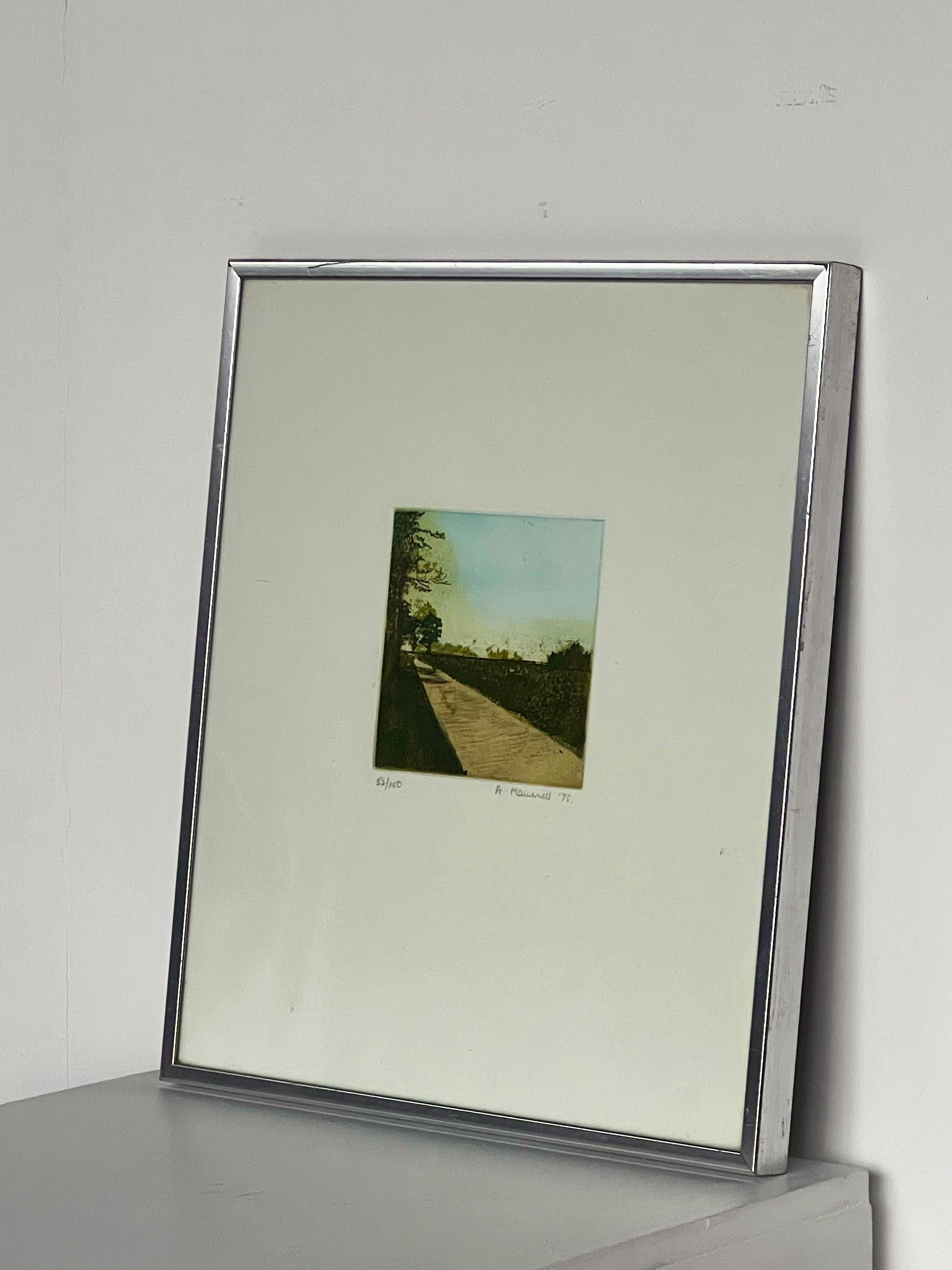 The Framed Landscape by Porter Studio features a signed photograph with a chrome border against a white wall. Capturing a scenic pathway with trees under a blue sky, it's beautifully printed and centered on a white matte background, resting on a gray surface.