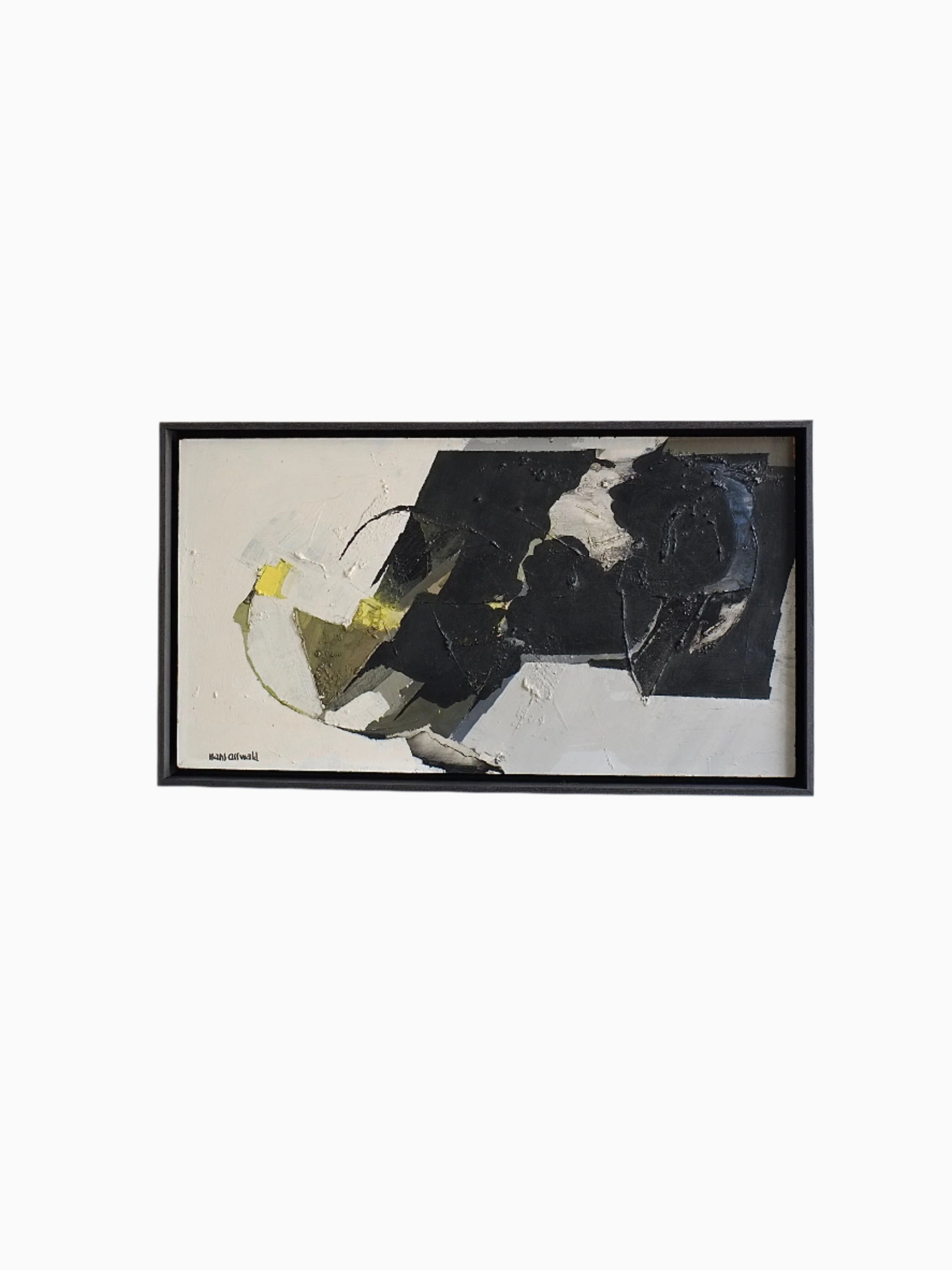 Abstract Oil Painting by Hans Osswald, Sweden 1950s from Veter Vintage features bold black, white, and yellow forms with textured brushstrokes on a rectangular canvas in a black frame, reflecting striking 1950s style.