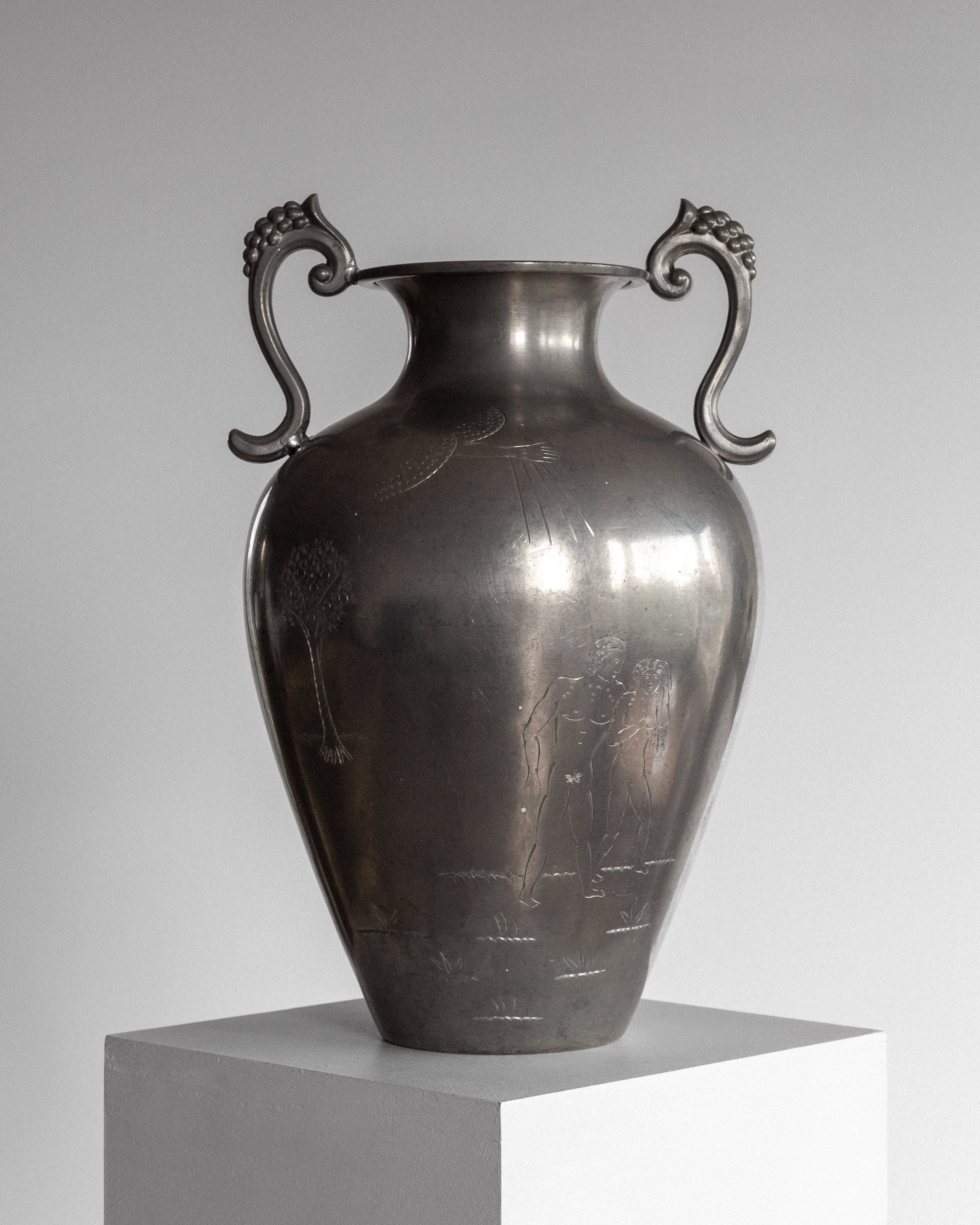 Large Swedish Art Deco Adam & Eve Pewter Amphora, 1930s