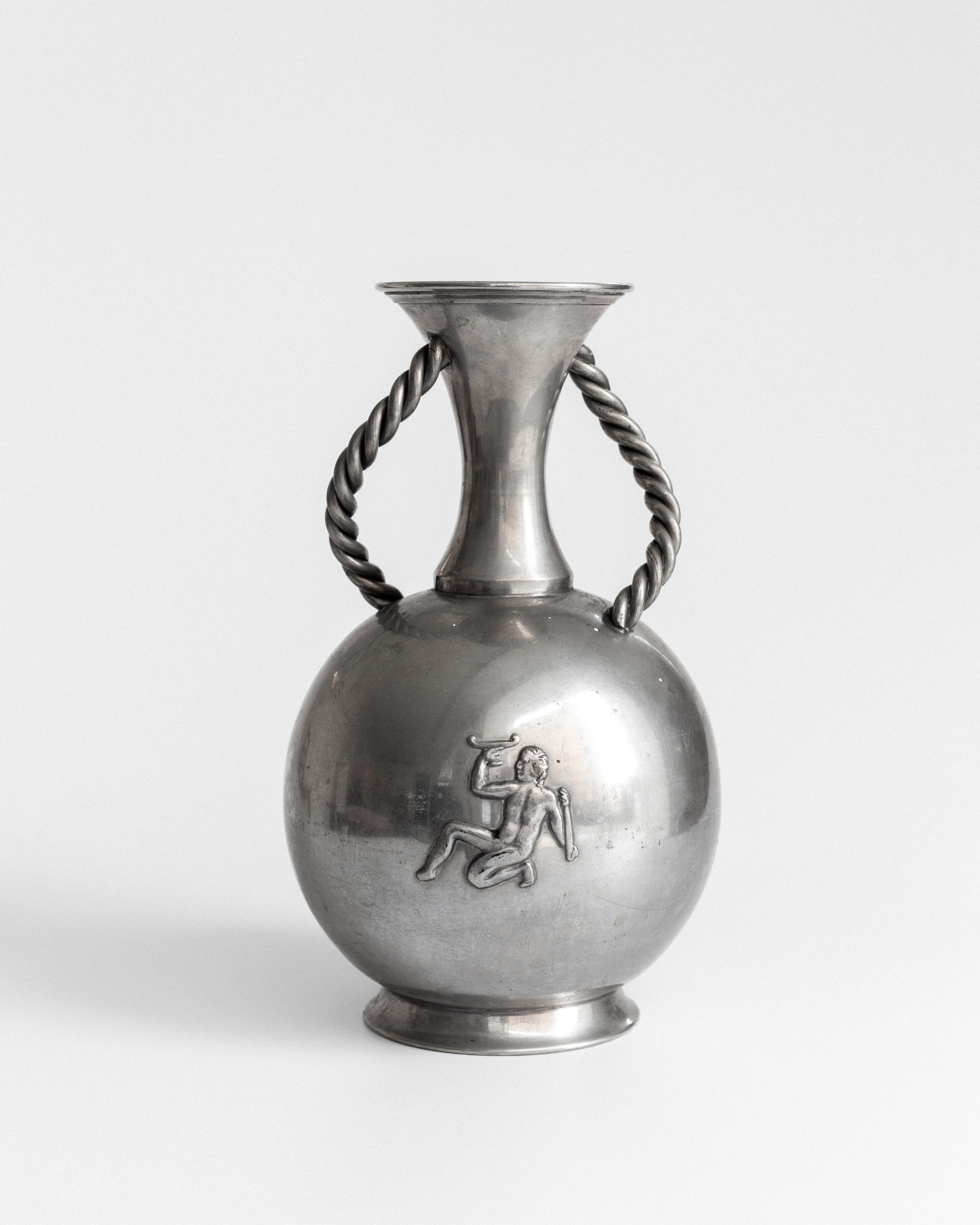Art Deco Pewter Vase with Rope Handles, 1936
