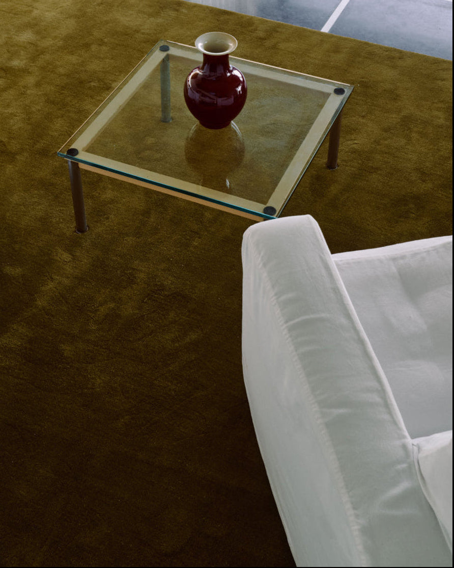 'Solid Wool' Handwoven Rug, Green Umber — lifestyle setting
