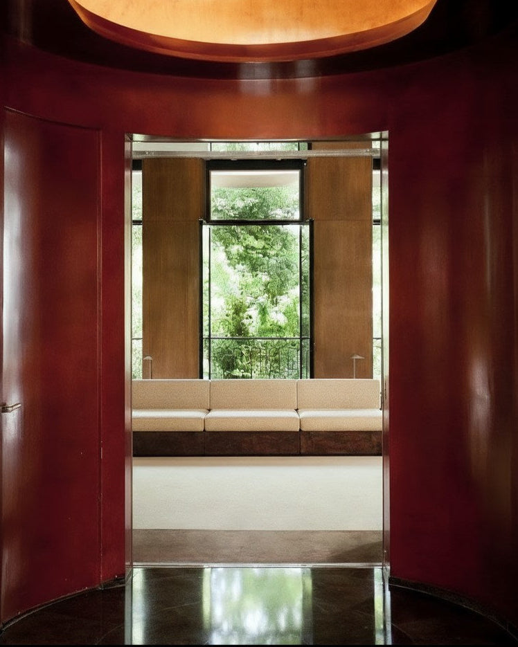 Contemporary walnut sofa in modern interior setting with curved walls