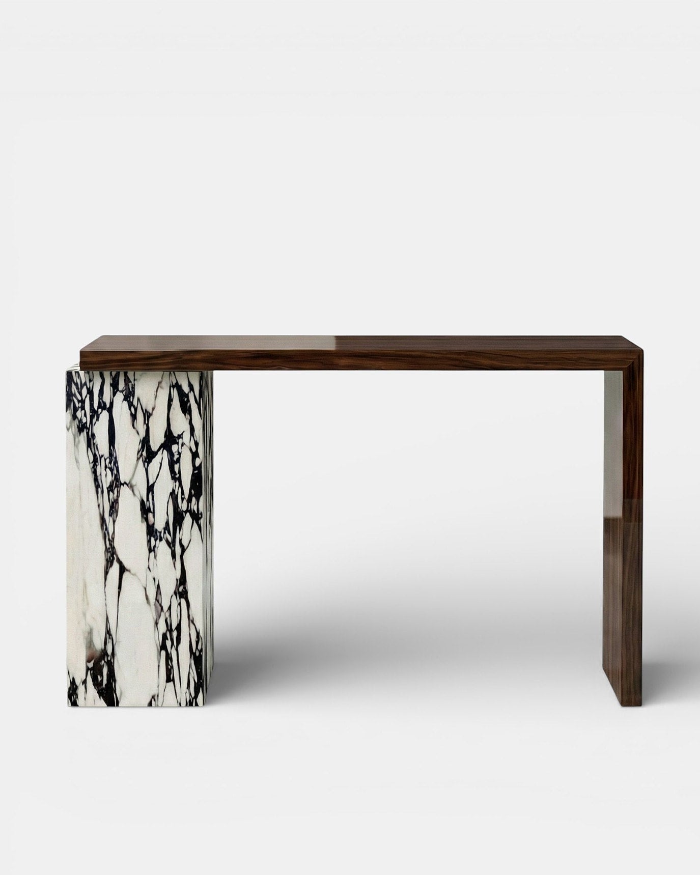 Jill Wood And Calacatta Viola Console by Marbera | The Oblist — walnut wood, marble base