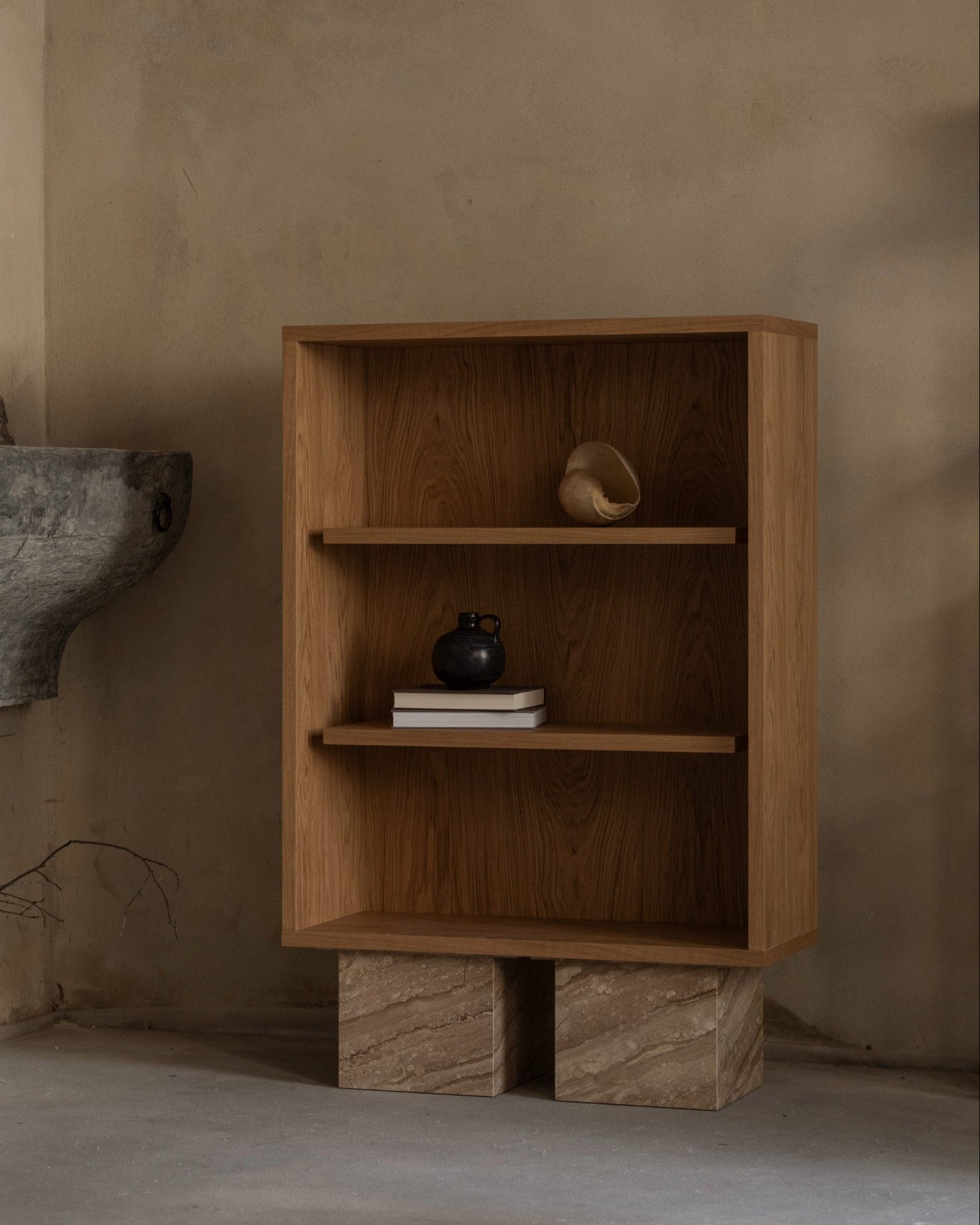 Modern oak wood Block cabinet with shelves on stone base by un'common