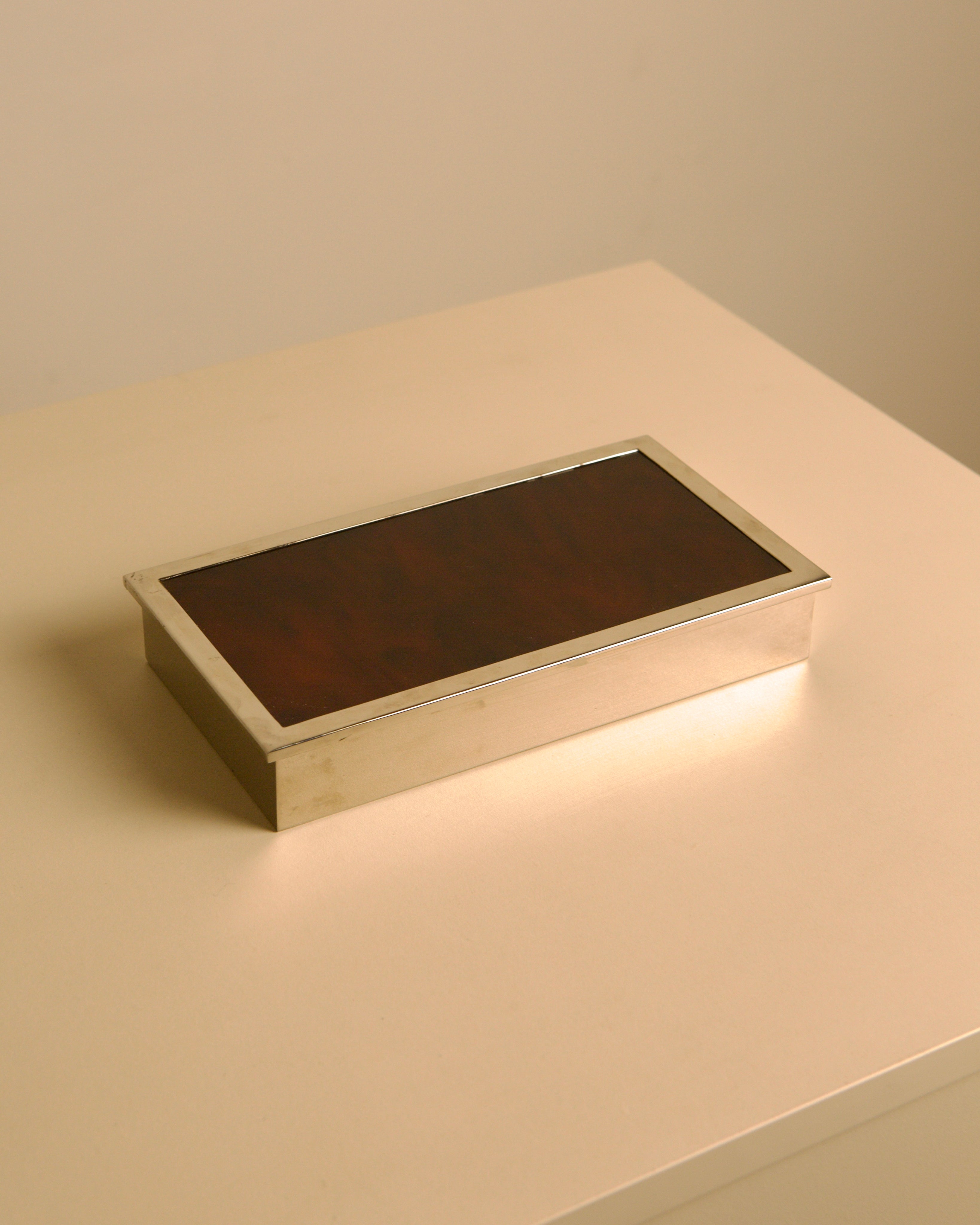 Italian rectangular box in chrome metal and faux tortoiseshell lacquer with light wood int by Treaptyque