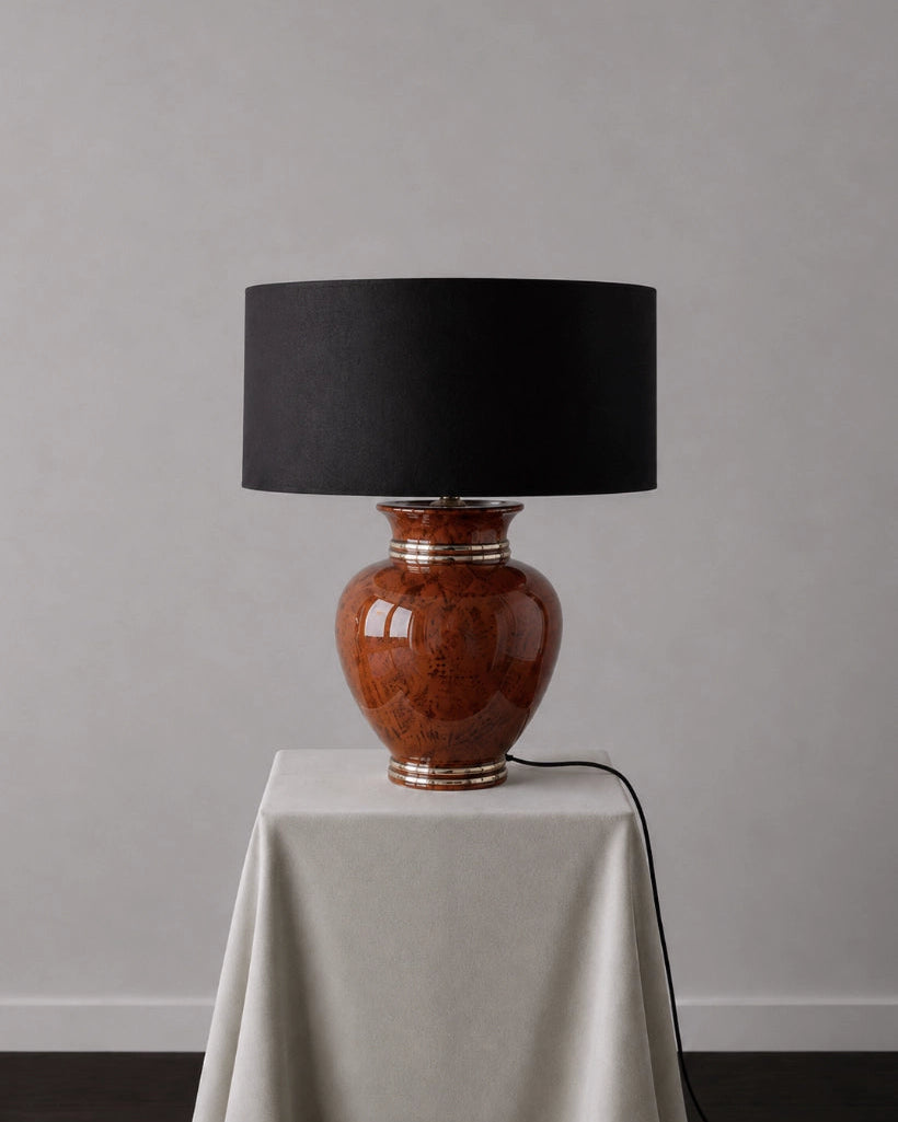 1960s French Vintage Table Lamp in Ceramic and Fabric — side angle