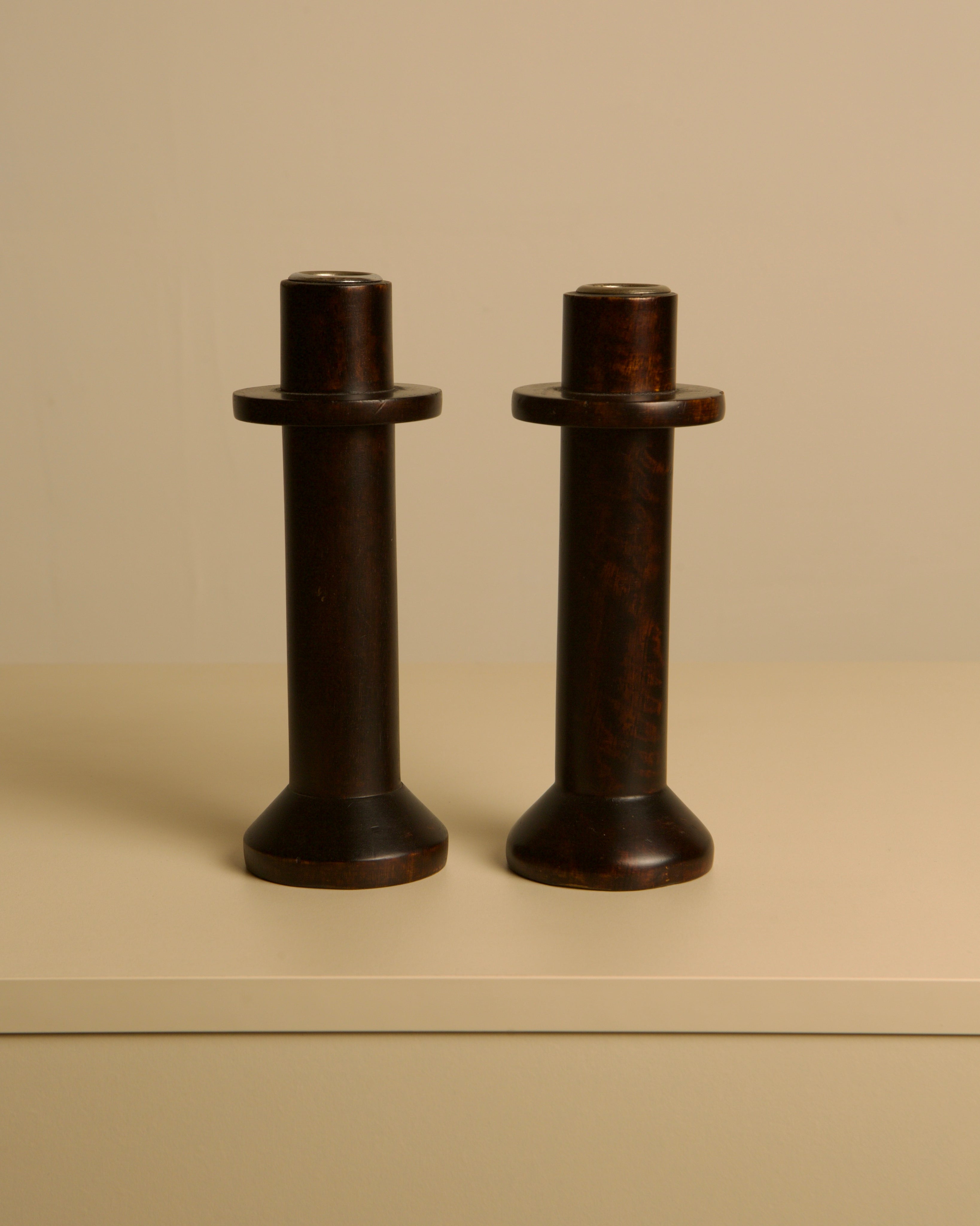 Pair of Italian Wooden Candlesticks from the 80s by Treaptyque | The Oblist — handcrafted dark wood finish