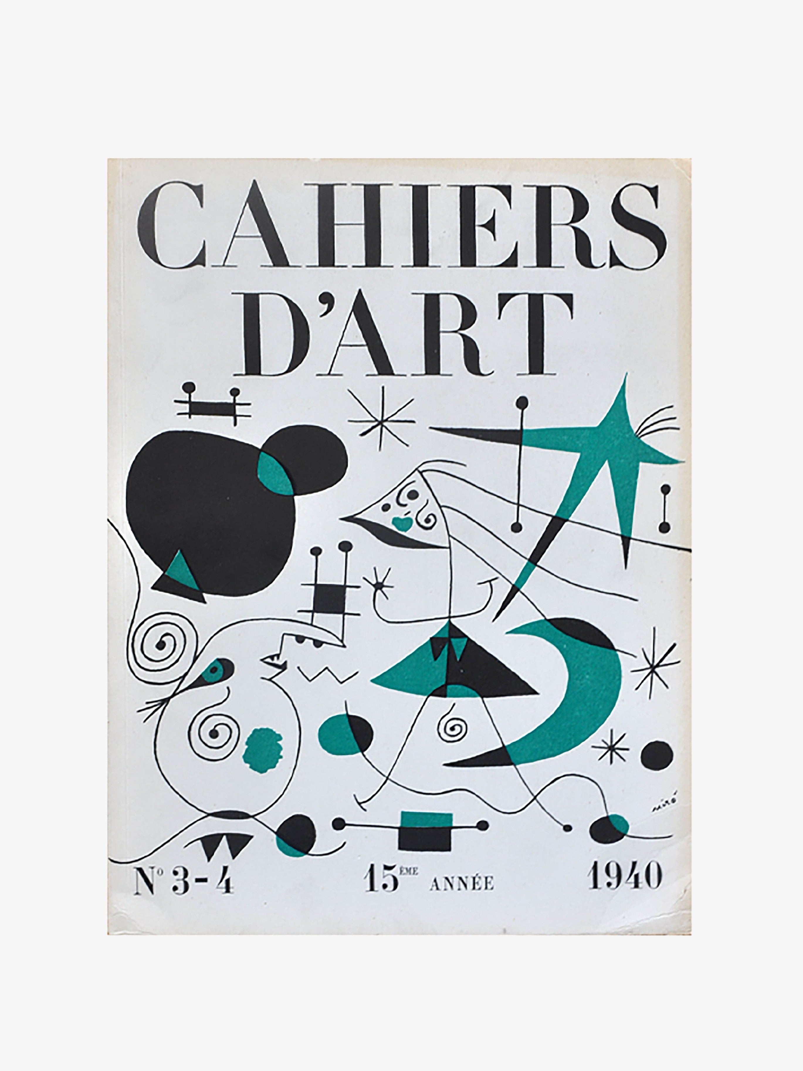 Vintage "Revue Cahiers d'Art 1940" magazine cover from 1940, featuring abstract shapes and symbols in black and green, with decorative stars and playful elements, typographic design on white by Maison Plage.