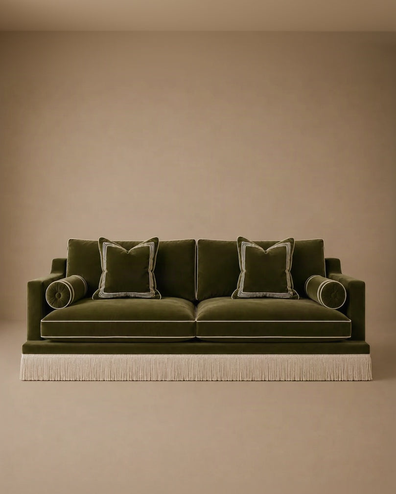 Orlando Sofa 230 cm - Safari Green Velvet with Fringes & Houlès trimmings by RIJD Interior | The Oblist