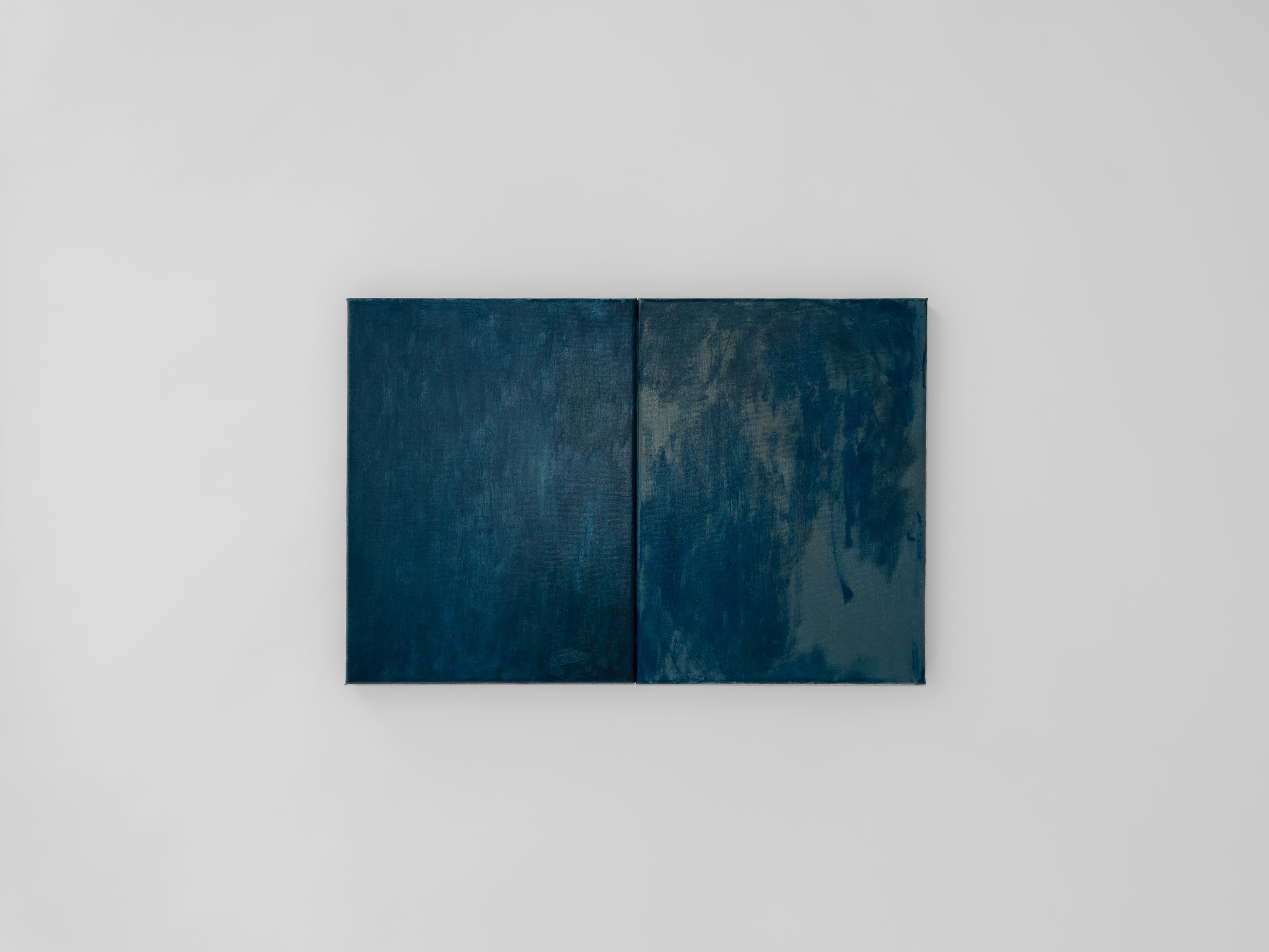Oil painting by Aimée Adriaansen, A Glance (2025) | The Oblist — deep blue tones