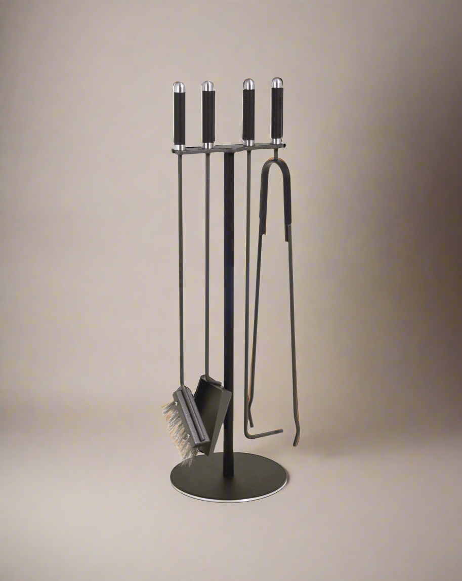 Fireplace Fireplace Set Ø 21XH71 cm Grained Leather Black Pinetti