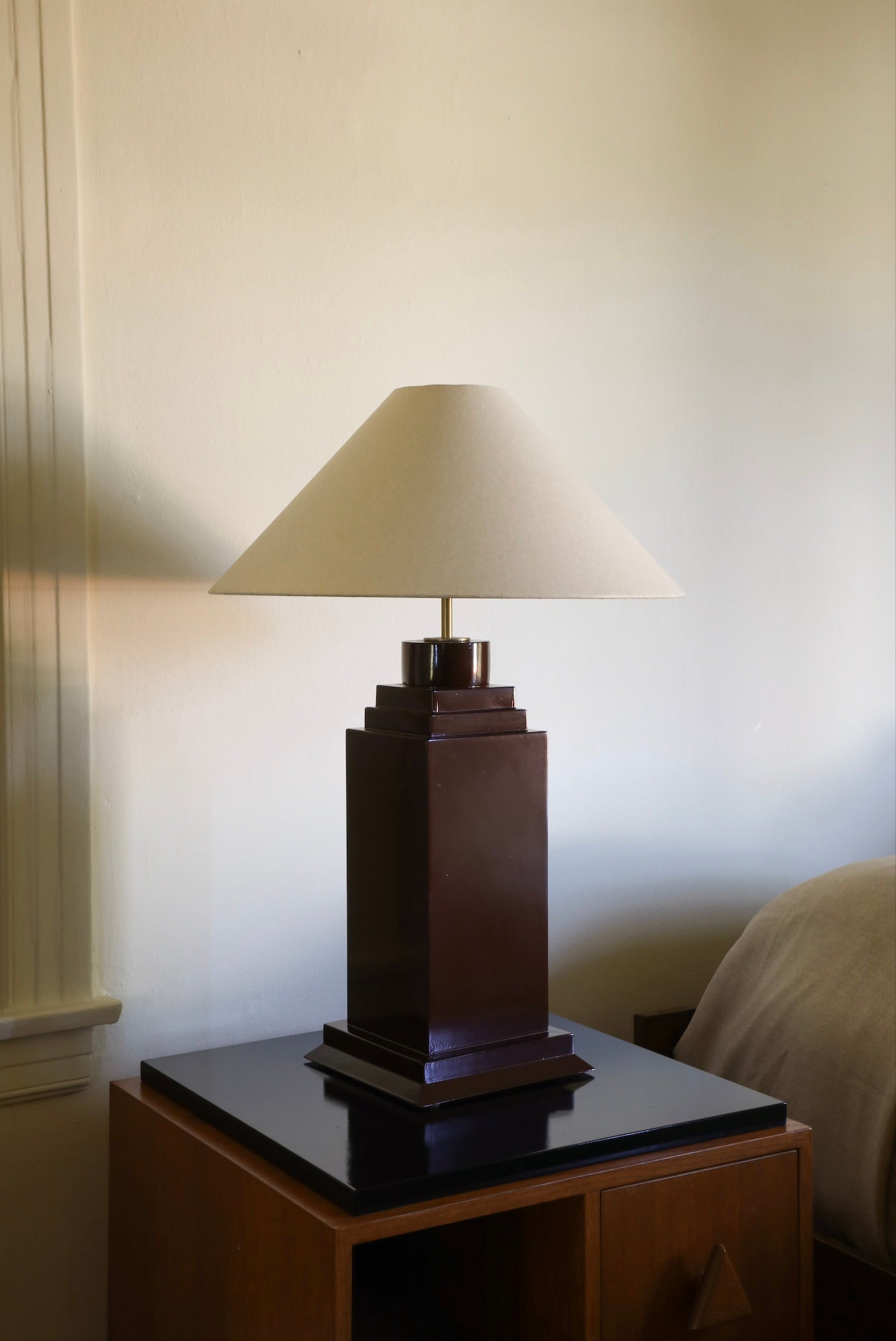 Hudson Table Lamp by Studio Miranda Martin | The Oblist — brown wood base, cream shade