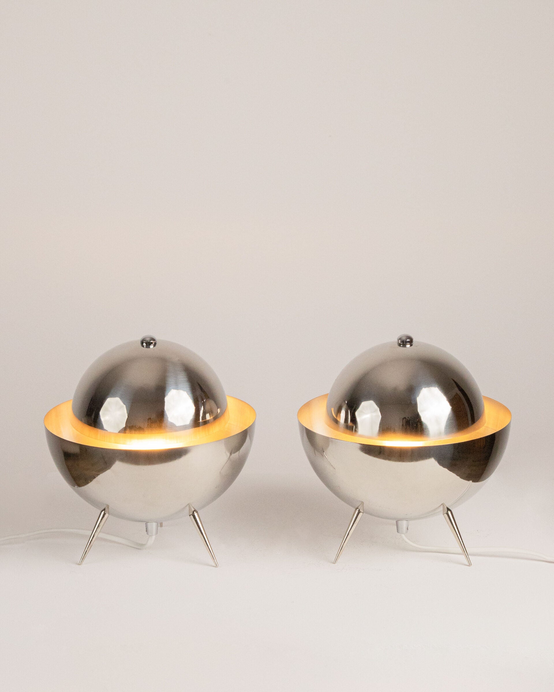 Pair of UFO Dome Table Lamps, Polished Stainless Steel, Space Age Style by Studio Ecubed | The Oblist