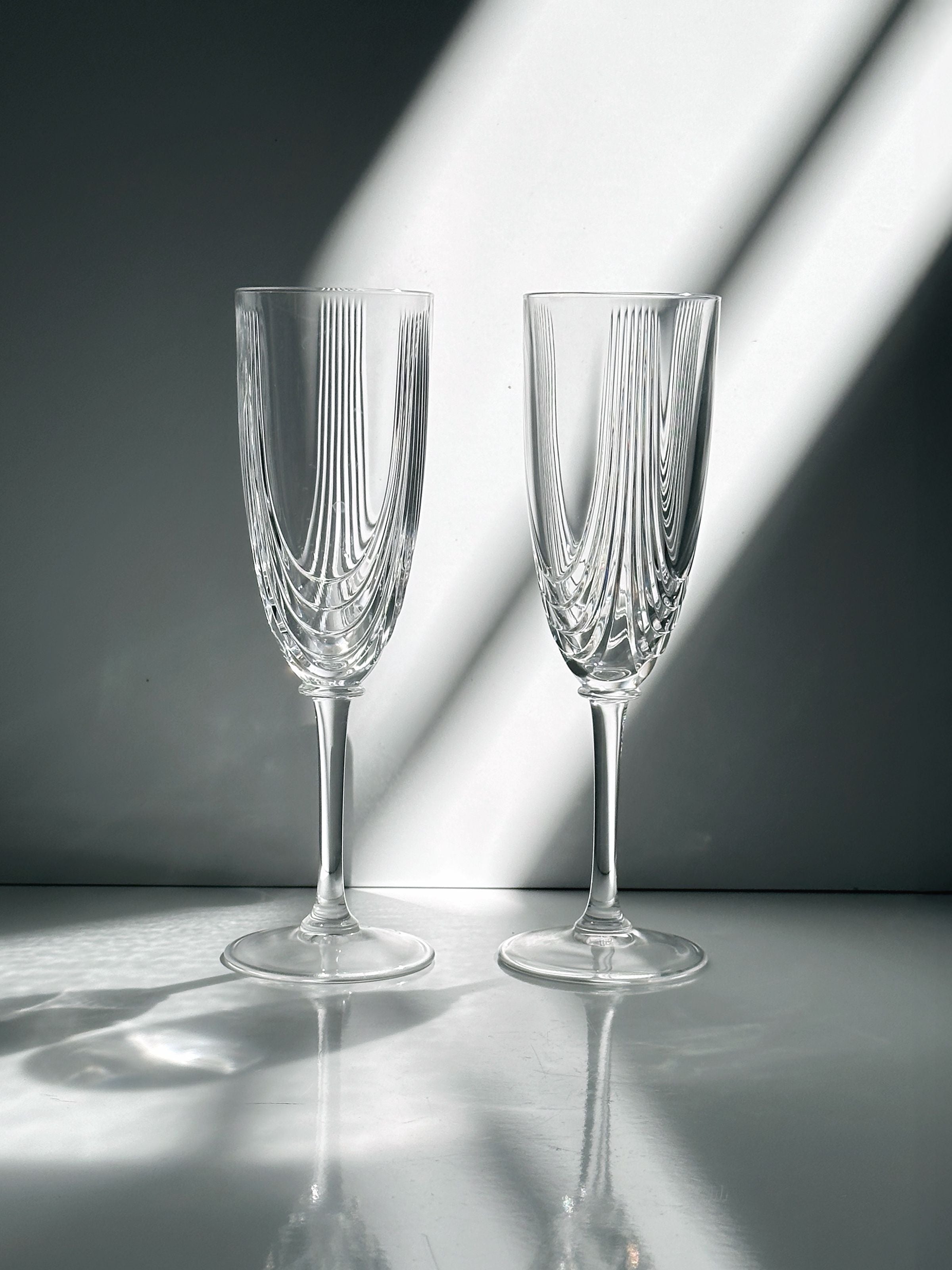 2 Italian Art Deco Crystal Glass Sets of 8 and 6 by Dodo Vintage | The Oblist — clear glass, vintage design