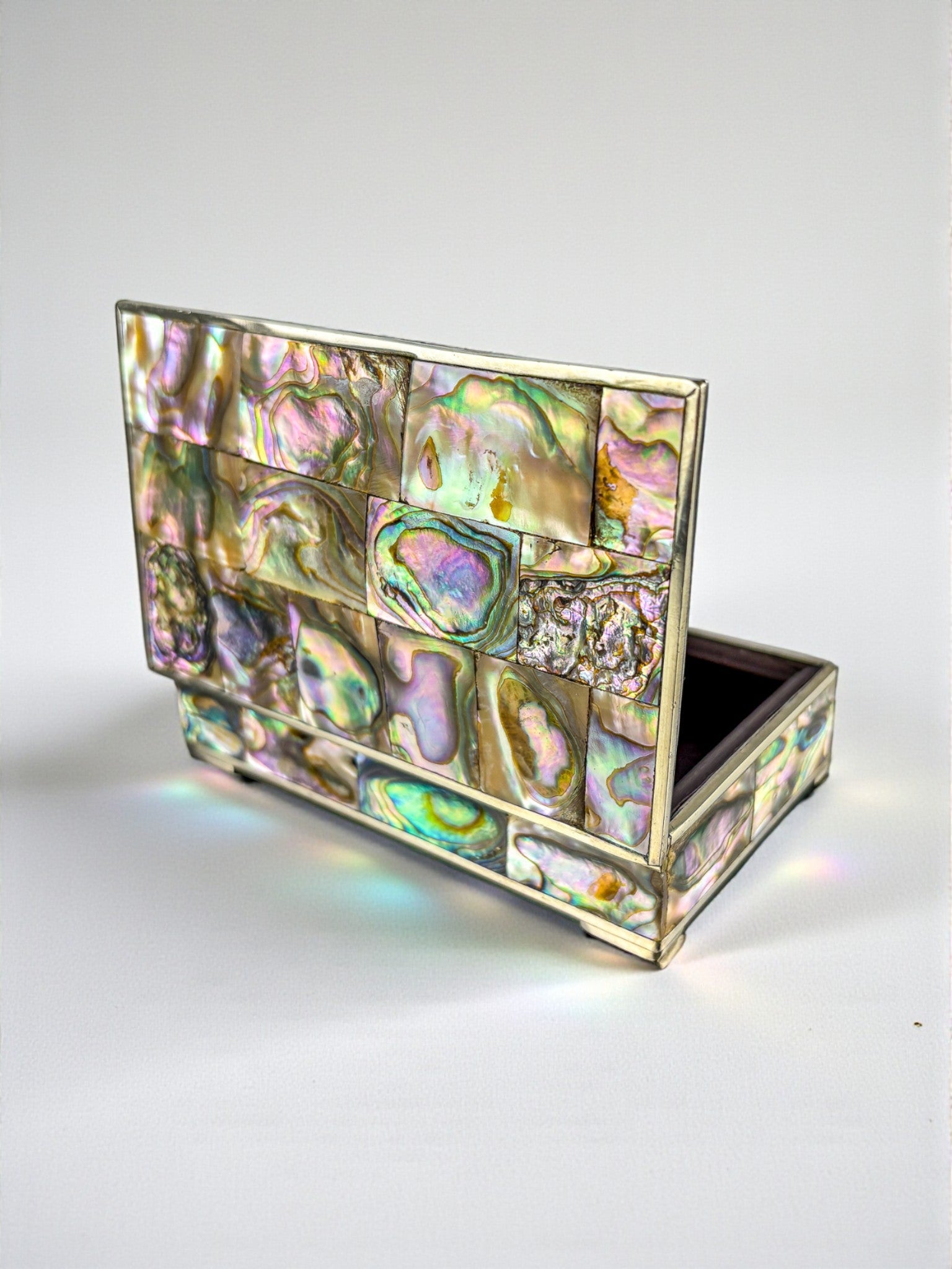 Abalone shell vanity box, Alpaca and wood, Mexico, Circa 1960's by Malamar Studio | The Oblist