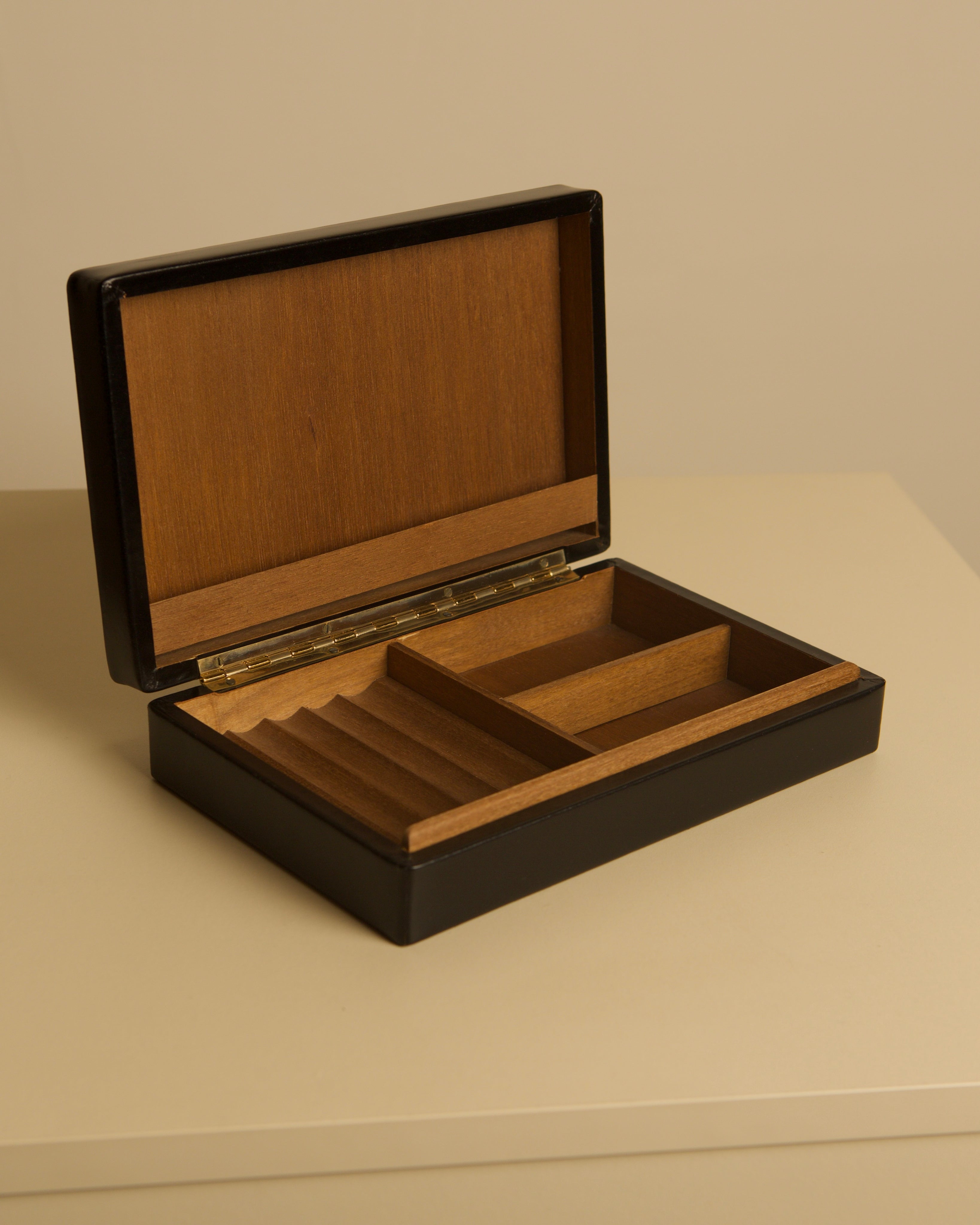 Italian Box in Black Leather, 1960s by Treaptyque | The Oblist — handcrafted black leather interior wood compartments