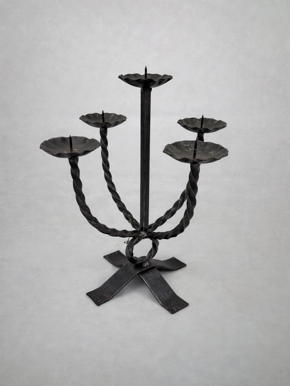 1970s German Vintage Hand-forged Wrought Iron 5-Arm Candelabra — side angle
