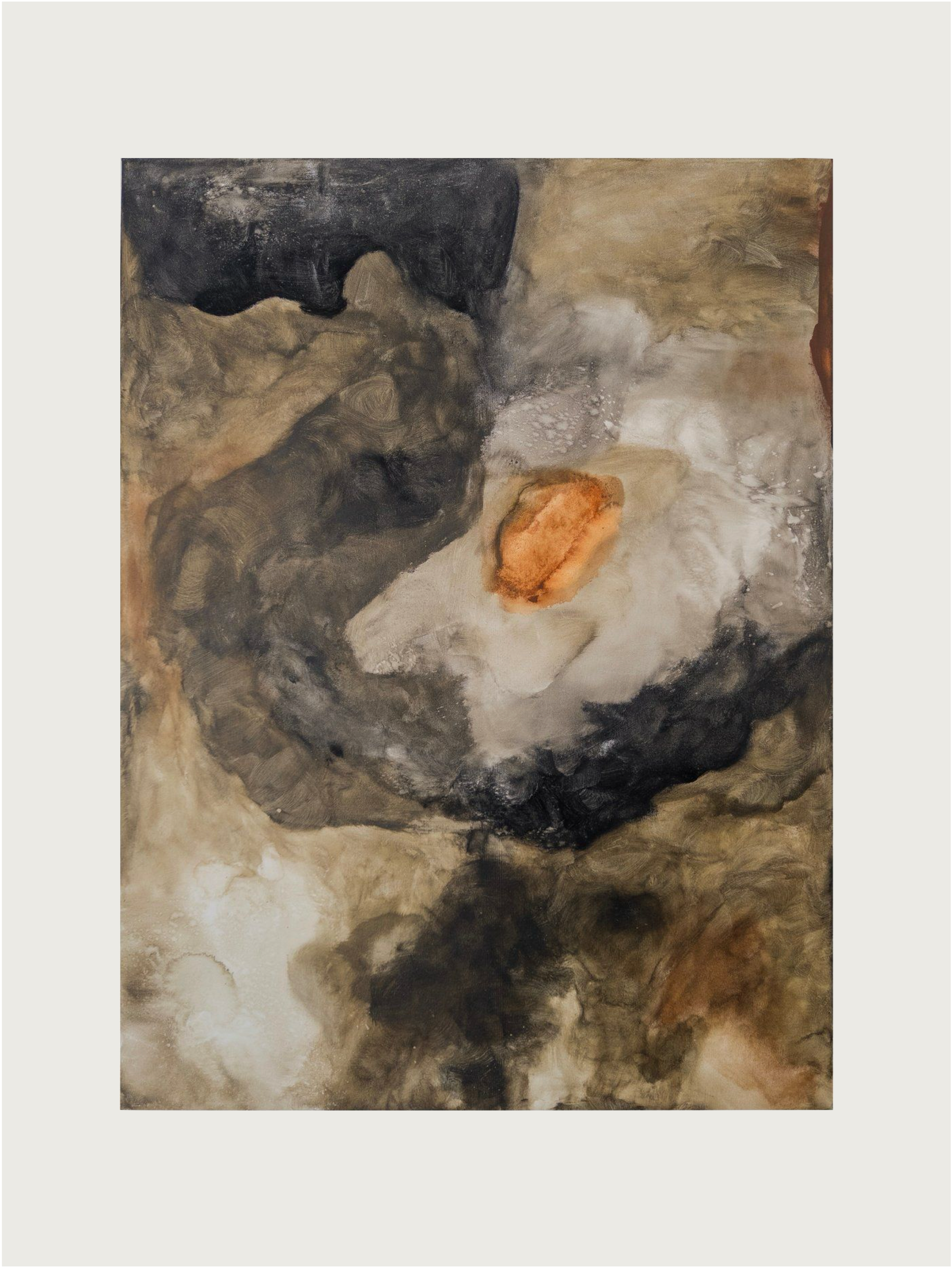 ‘Gracious Tempest’ by Natasha France is an original abstract painting with swirling brown, tan, and black tones, a soft white center, and an orange-brown core—an expressive work of contemporary art evoking movement and depth.