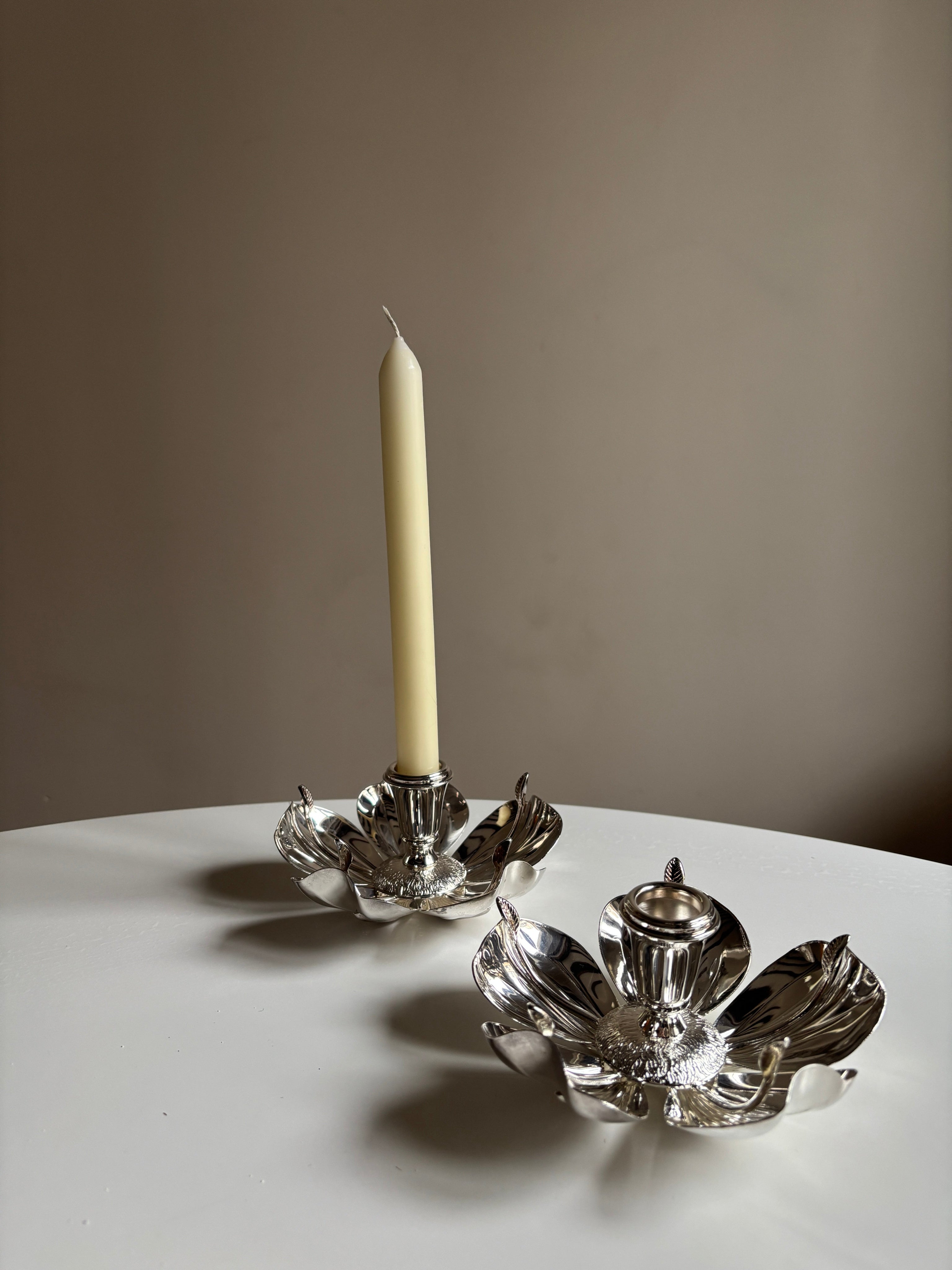 Italian Silver-Plated Magnolia Candleholders - c. 1970s by Trove Paris | The Oblist — vintage silver finish