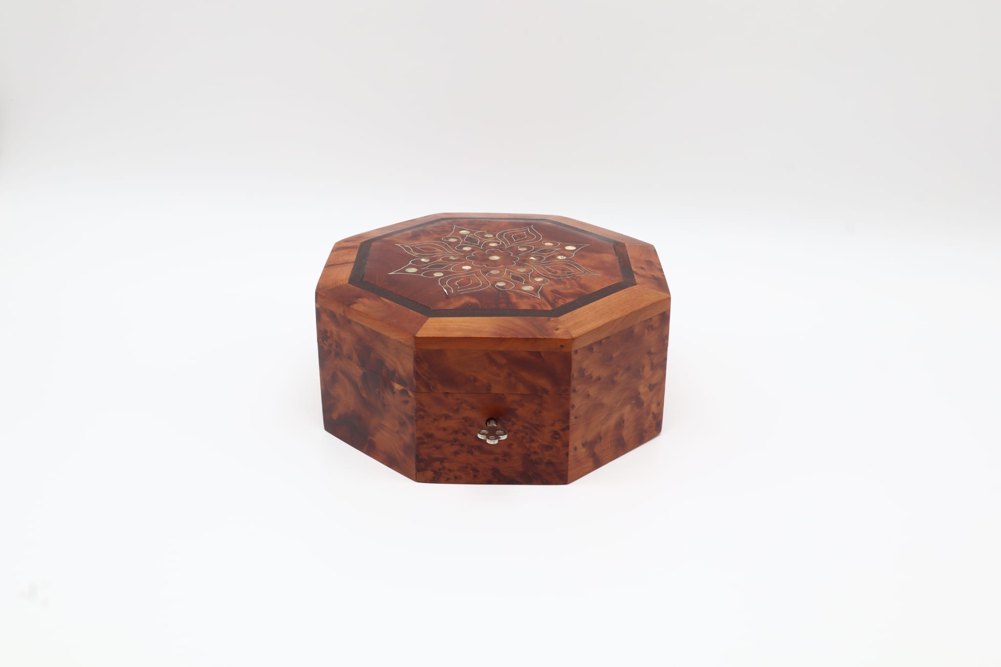 Octagonal Burled Wood Box – France, 1970s — side angle