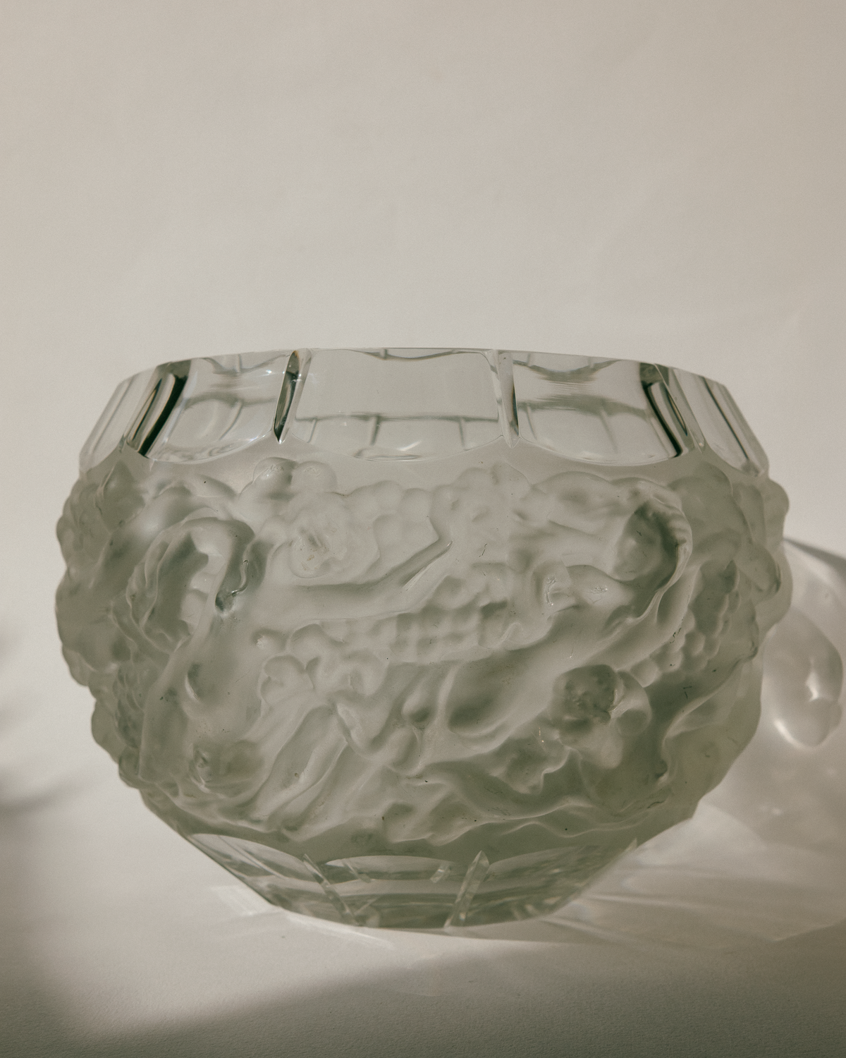 “Bacchus” Crystal Globe Vase with Grapes & Nymphs in Relief | Attr. René Lalique — detail view