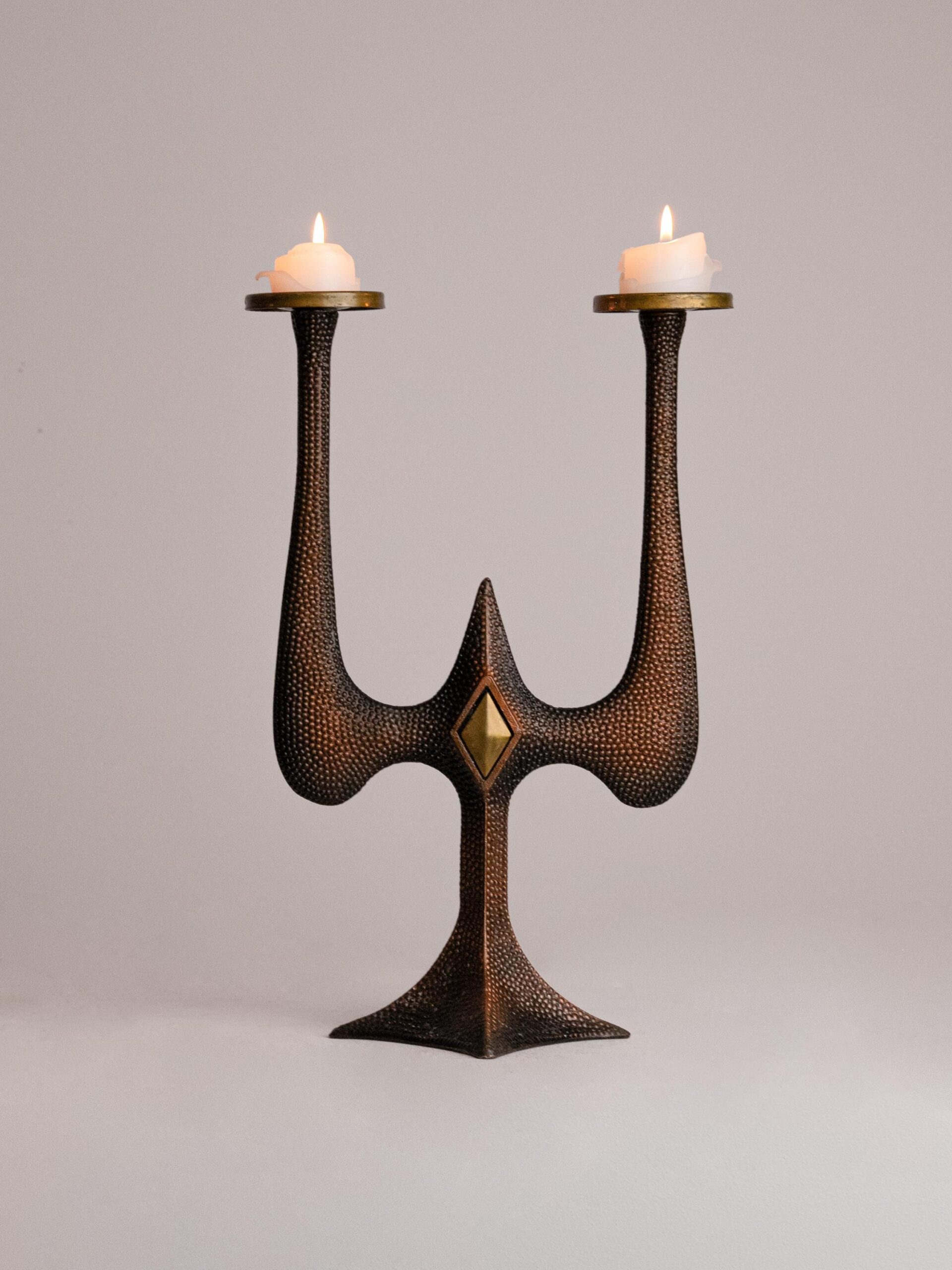 Vintage Brutalist Candle Holder, USSR Mid Century Modern 1960s-1970s Two-Arm Candelabra by Studio Ecubed