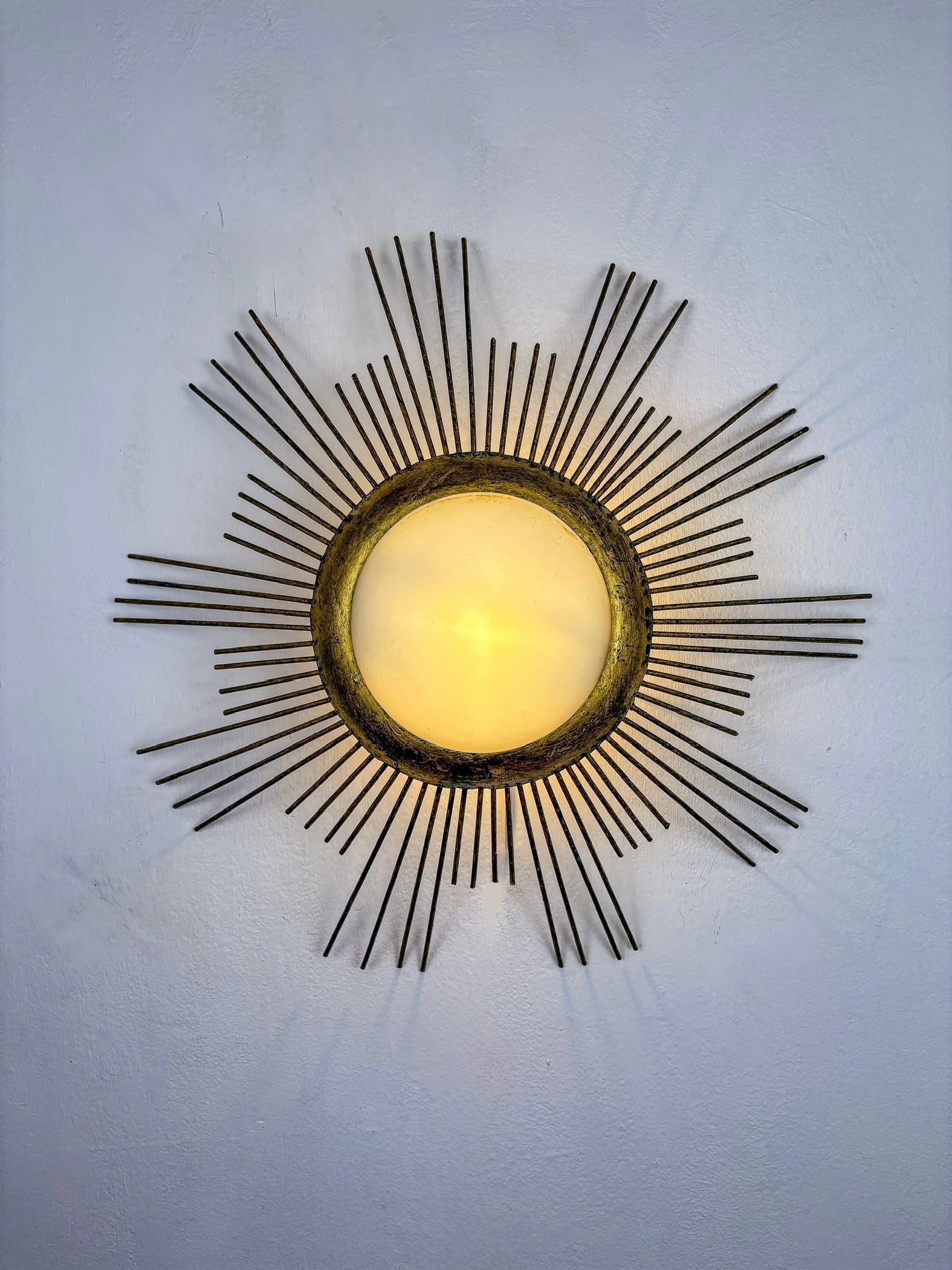 Large Sunburst Brutalist Ceiling Flush Mount or Pendant – Gilt Iron Rays & Opaline, France, 1950s — detail view