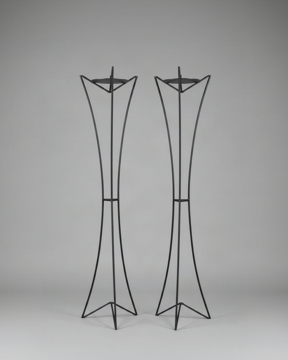 Pair of Monumental Forged Iron Floor Candleholders, Portugal, 1970s — detail view