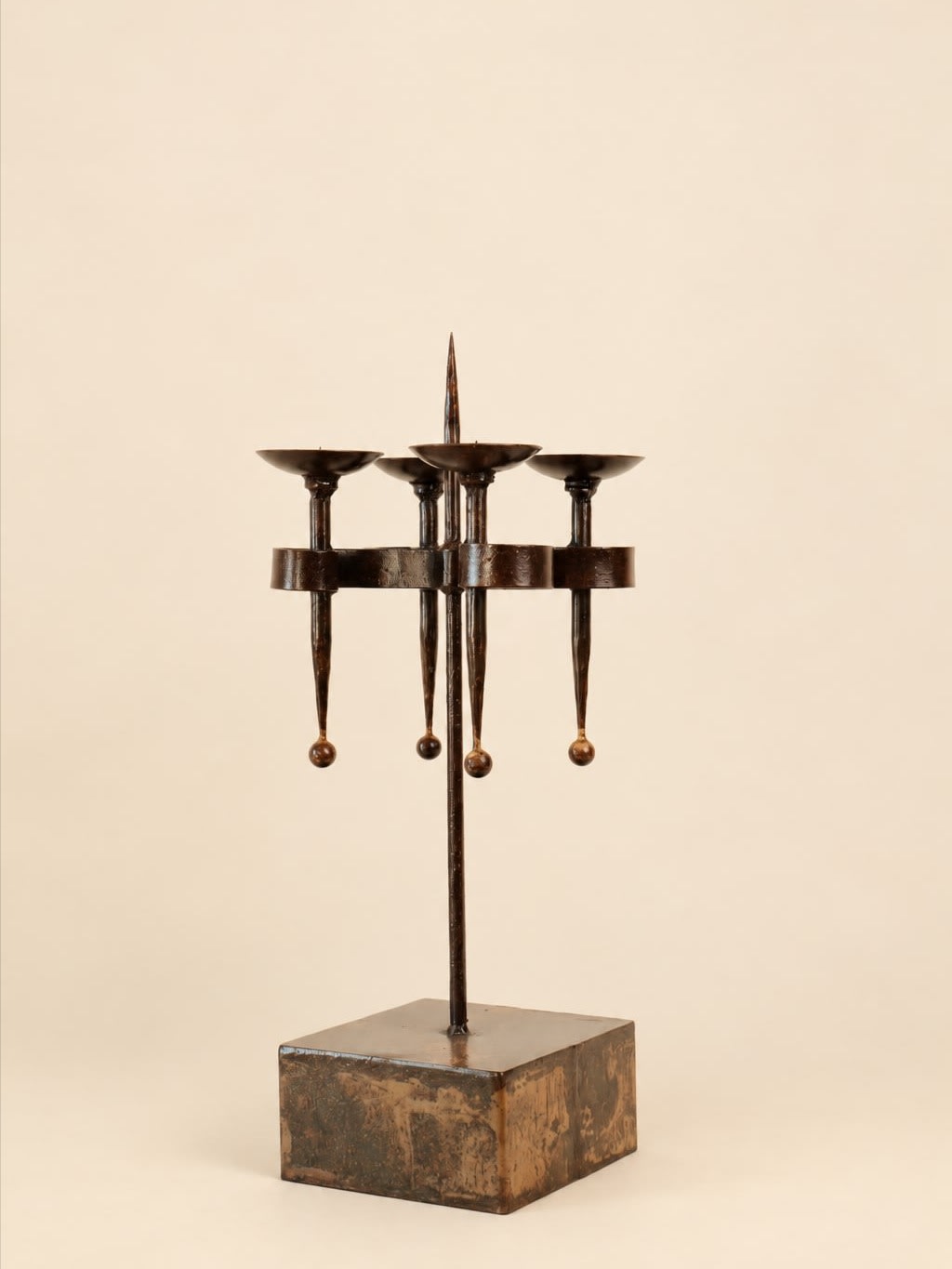 Vintage Brutalist Wrought Iron Four-Candle Candelabra — detail view