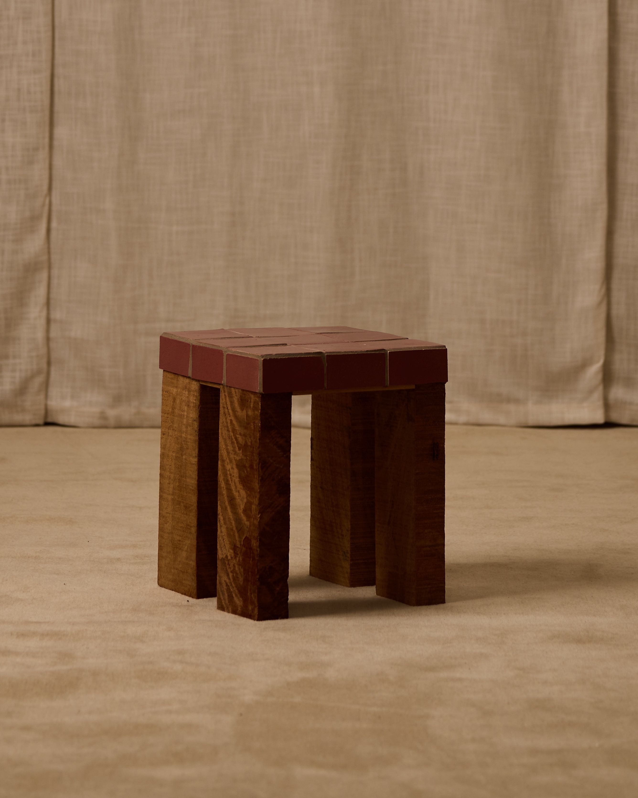 Jura tiled walnut side table with burgundy ceramic top by Ah Um