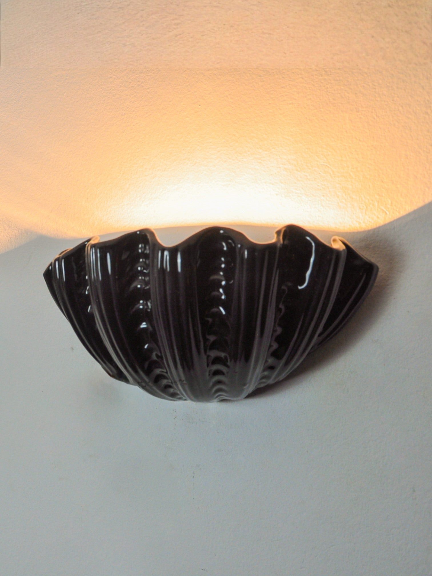 Pair of Shell Wall Lights, Black Ceramic, Italy, 1970 by Malamar Studio | The Oblist
