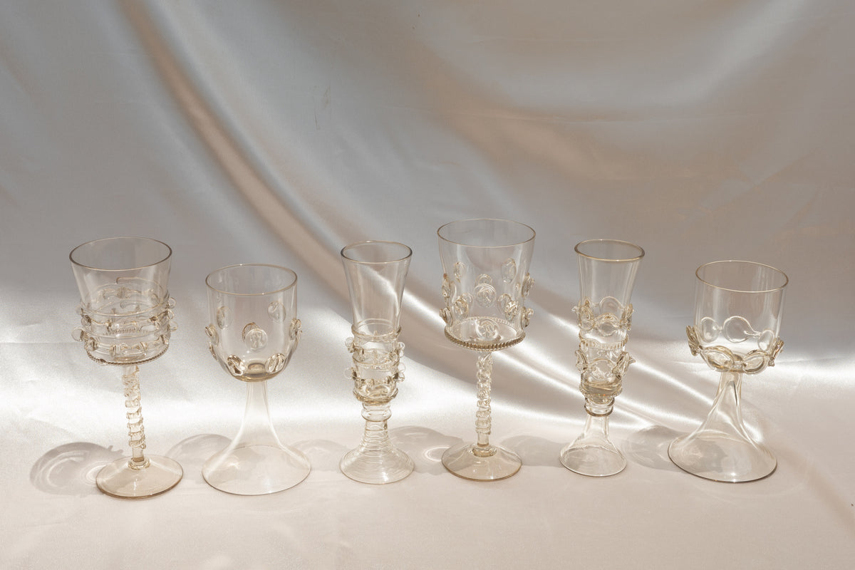 Set of six Mouthblown Wine Glasses — close-up of clear glass with intricate designs