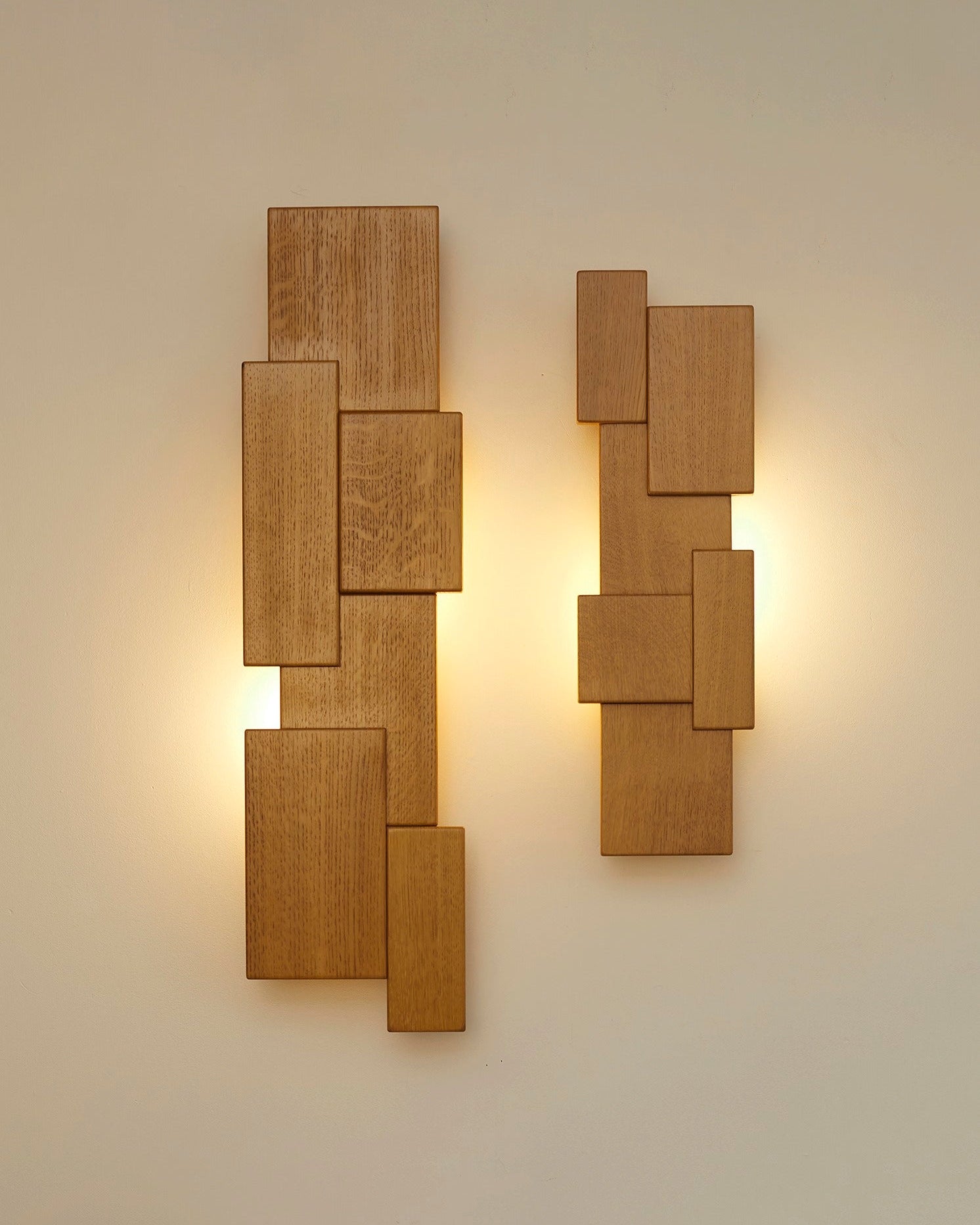 Vintage Set of Two French Oak Wood Sculptural Lamps Wall Lights C. 1980