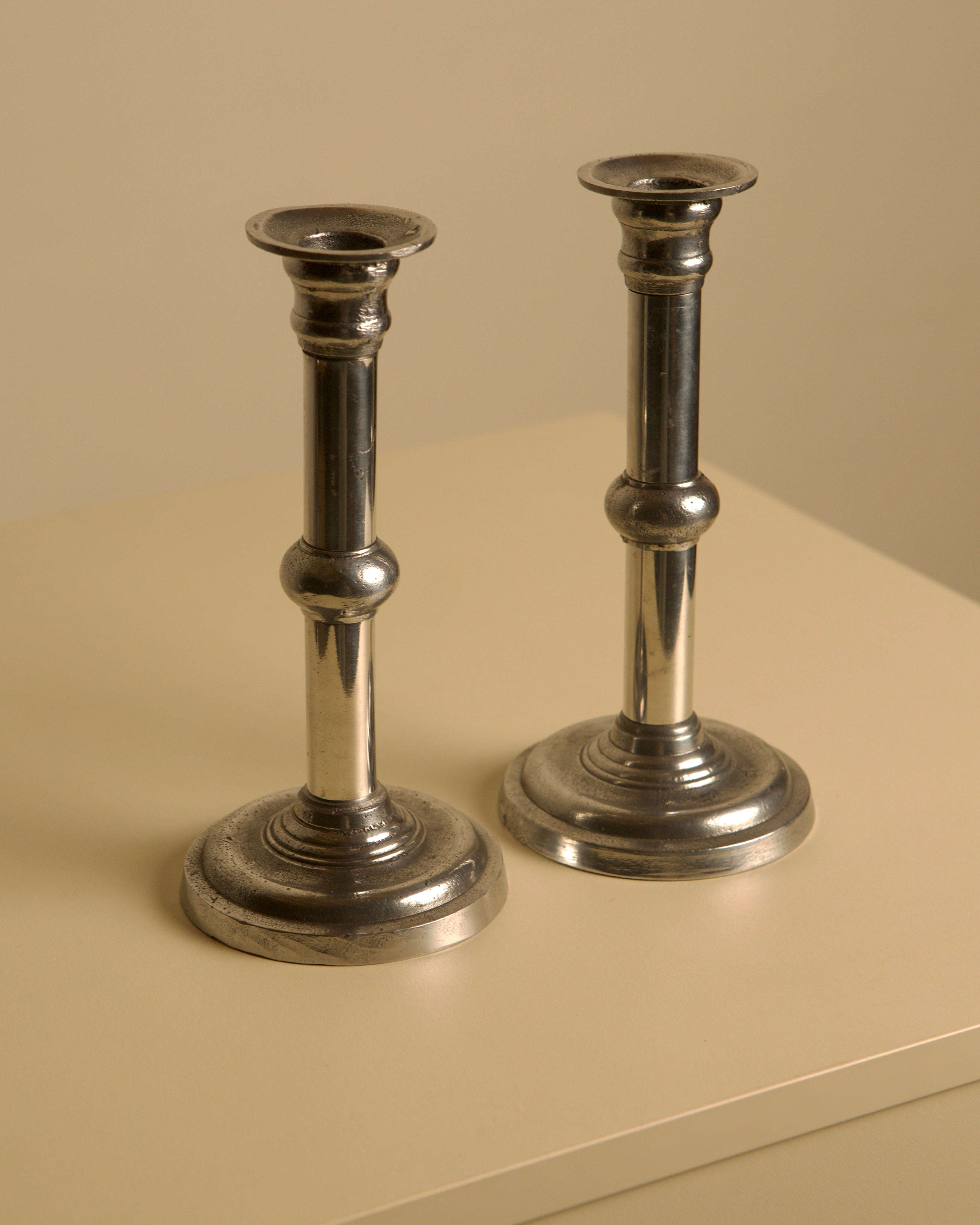 Pair of Italian Metal and Aluminum Candleholders by Treaptyque | The Oblist — vintage metal design