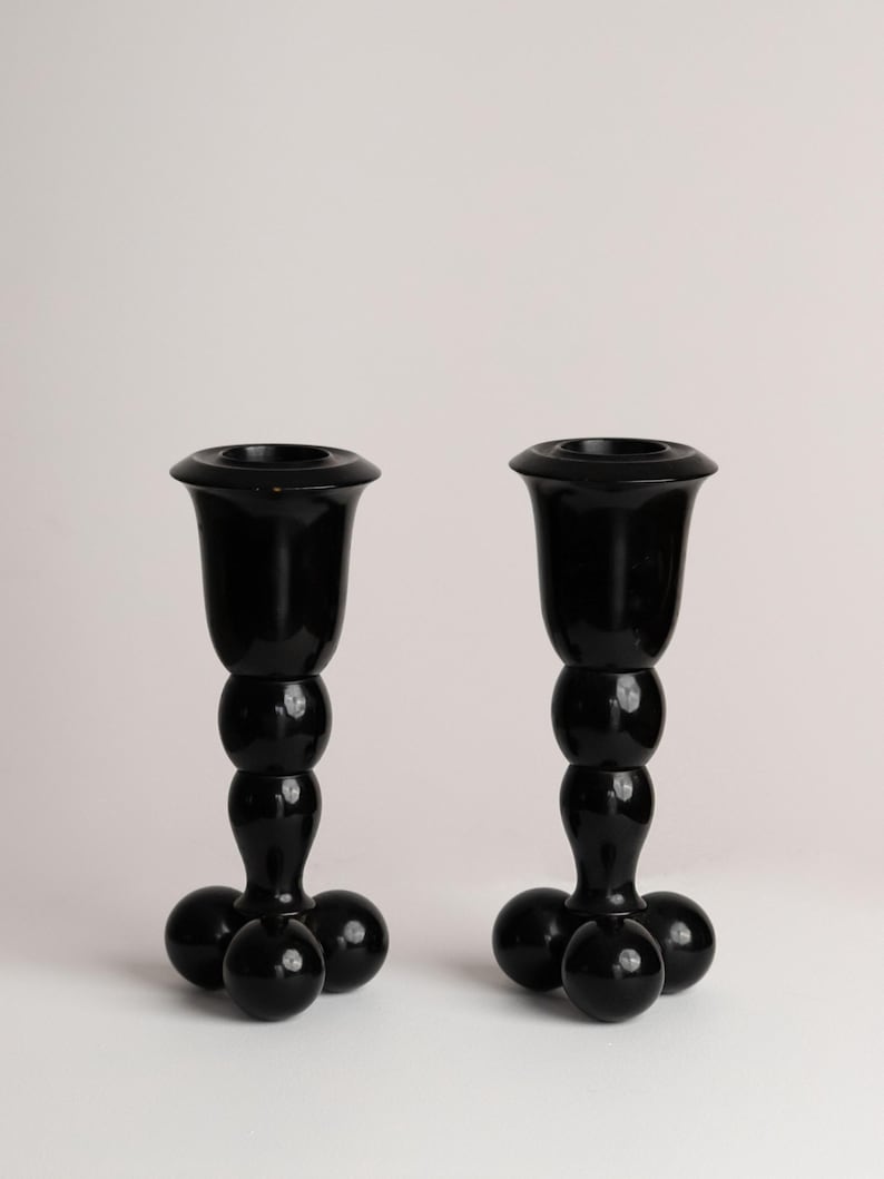 Art Deco Black Bobble Stem Vases Pair, 1930s-50s by Studio Ecubed | The Oblist
