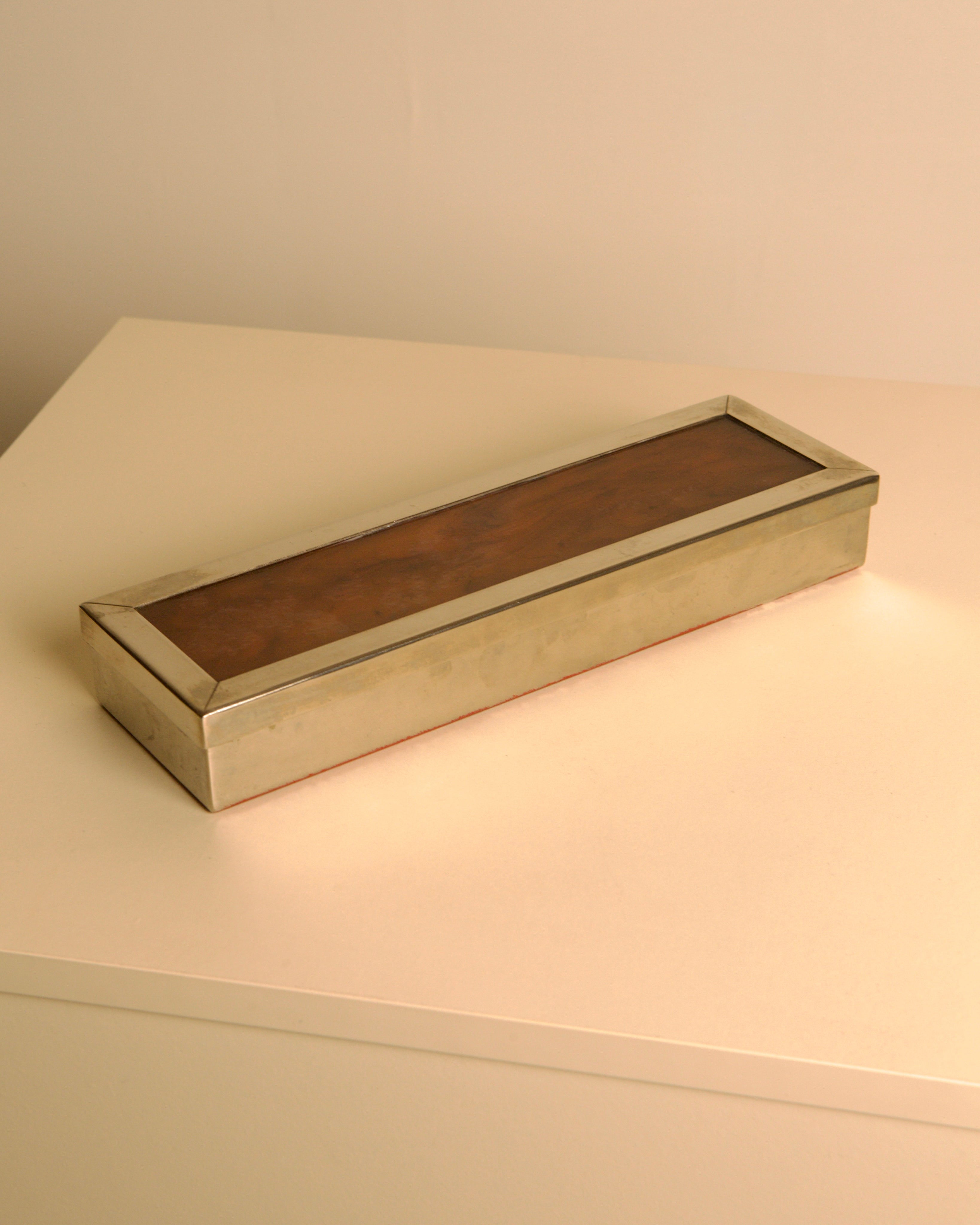 Rectangular Italian Metal Box, 70s by Treaptyque | The Oblist — vintage metal, brown interior