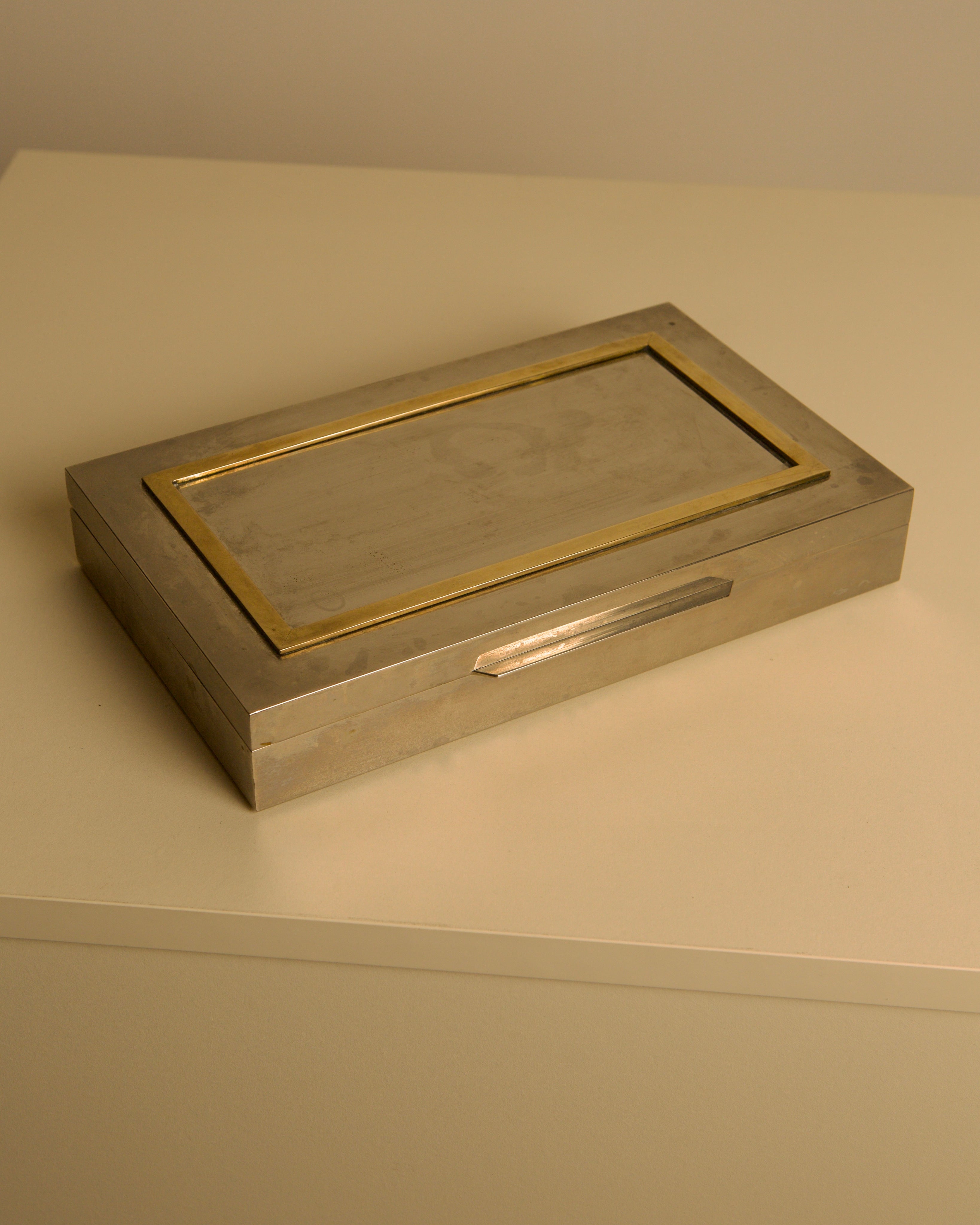 Large Italian metal and brass box with wooden interior, 70s — vintage artisan design