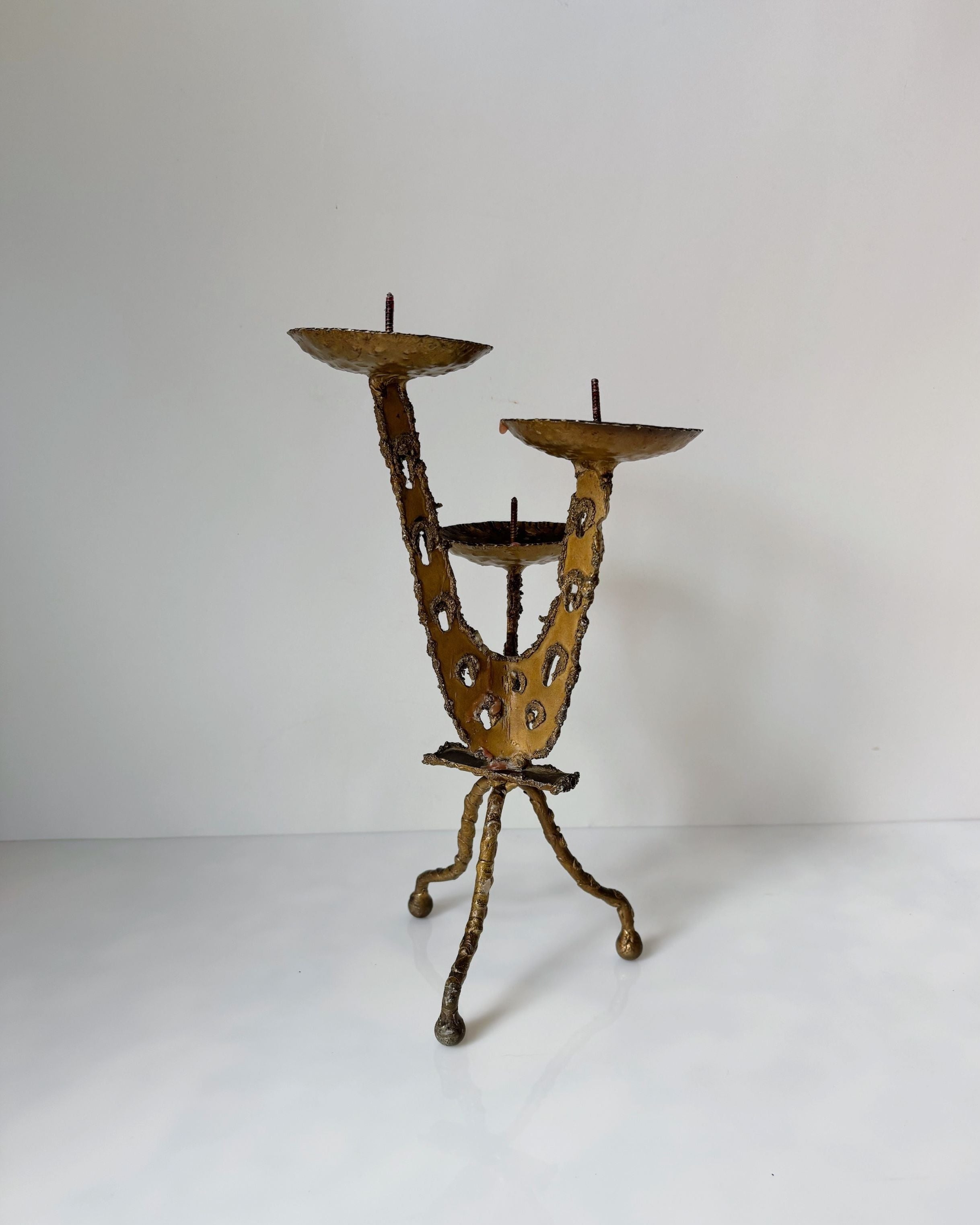 Torched Metal 3 arm Artisan Candleholder, Brutalist Poland