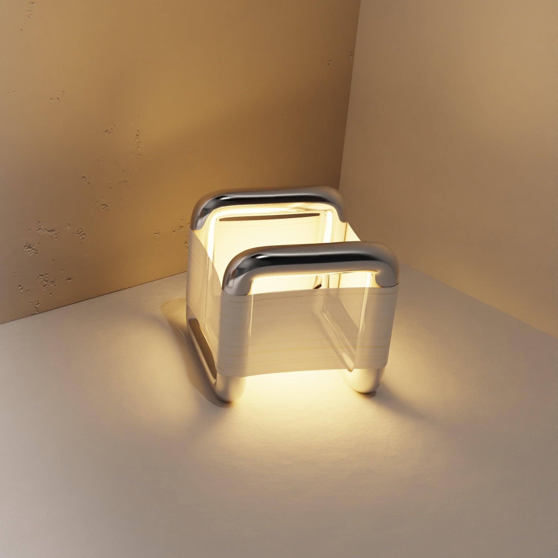 “Xoria” Floor Lamp | Stainless Steel Linen — corner view highlighting soft light glow
