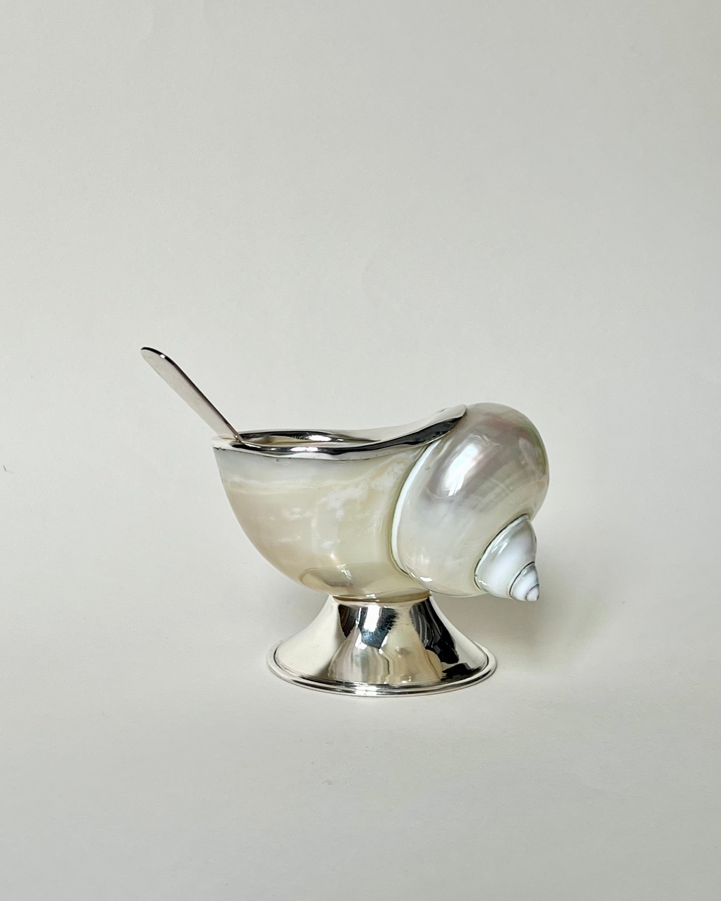 The Tavares 1922 Shell Sugar Bowl, crafted from shiny metal and iridescent shell and paired with a matching spoon, brings elegance to any table with its simple round base and refined design.