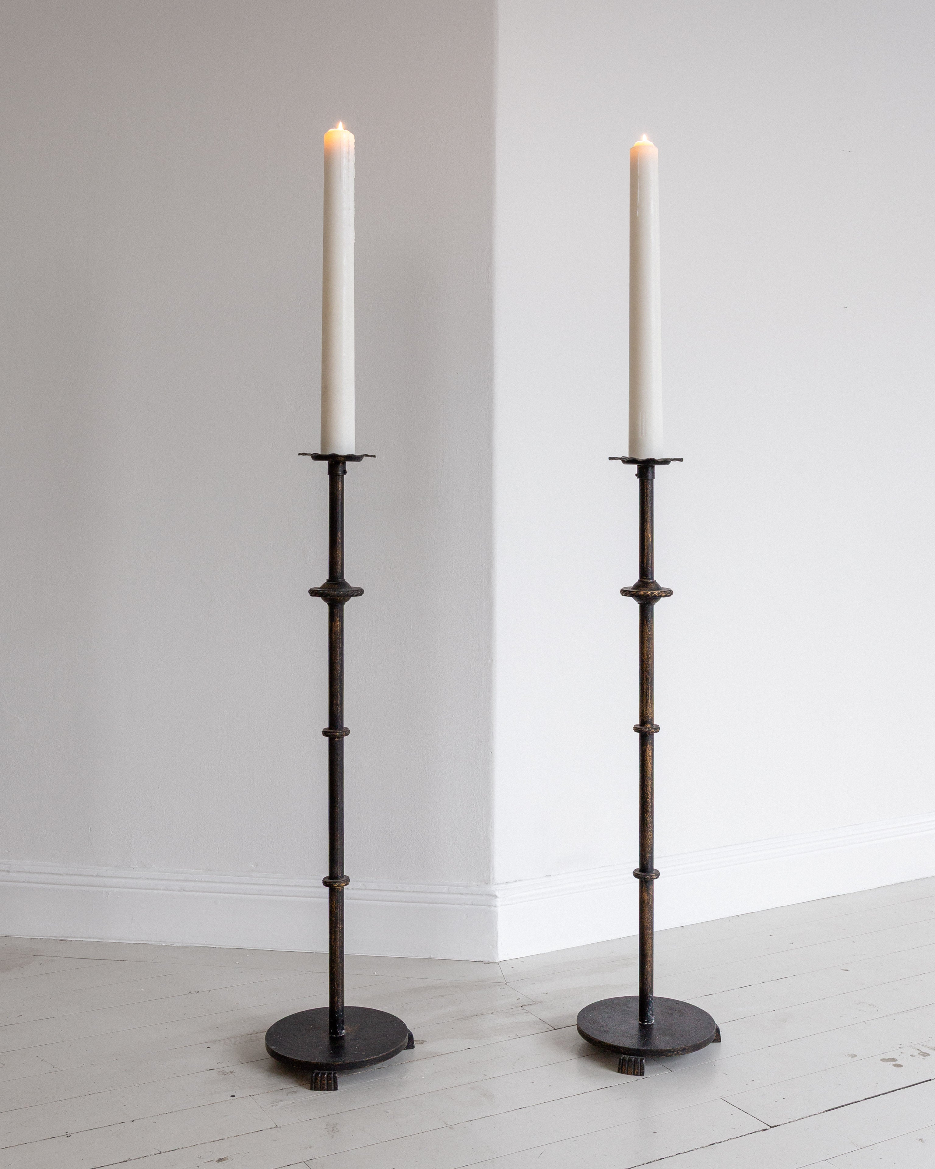 Pair of Monumental Cast Iron Floor Candleholders by Böhlmarks | The Oblist — vintage black iron