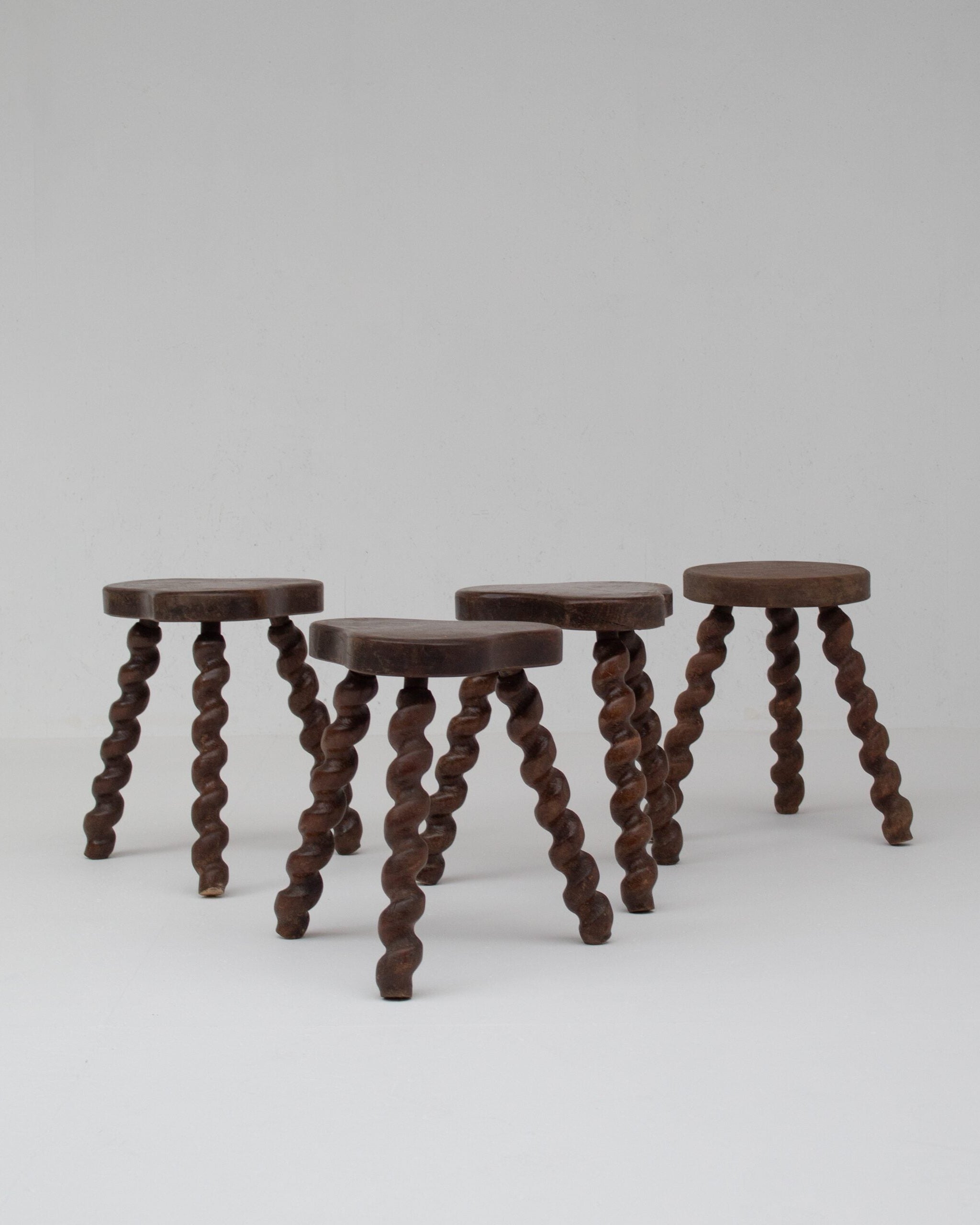 Set of 4 Primitive Oak Stools with Spiral Legs by Malata Antwerp | The Oblist