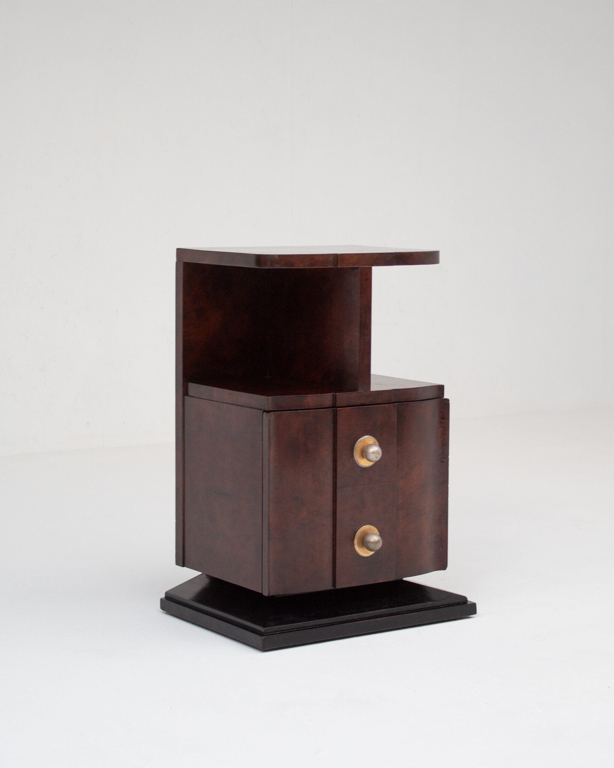 Art Deco Bedside Cabinet in Burr Walnut with Brass Hardware by Malata Antwerp | The Oblist