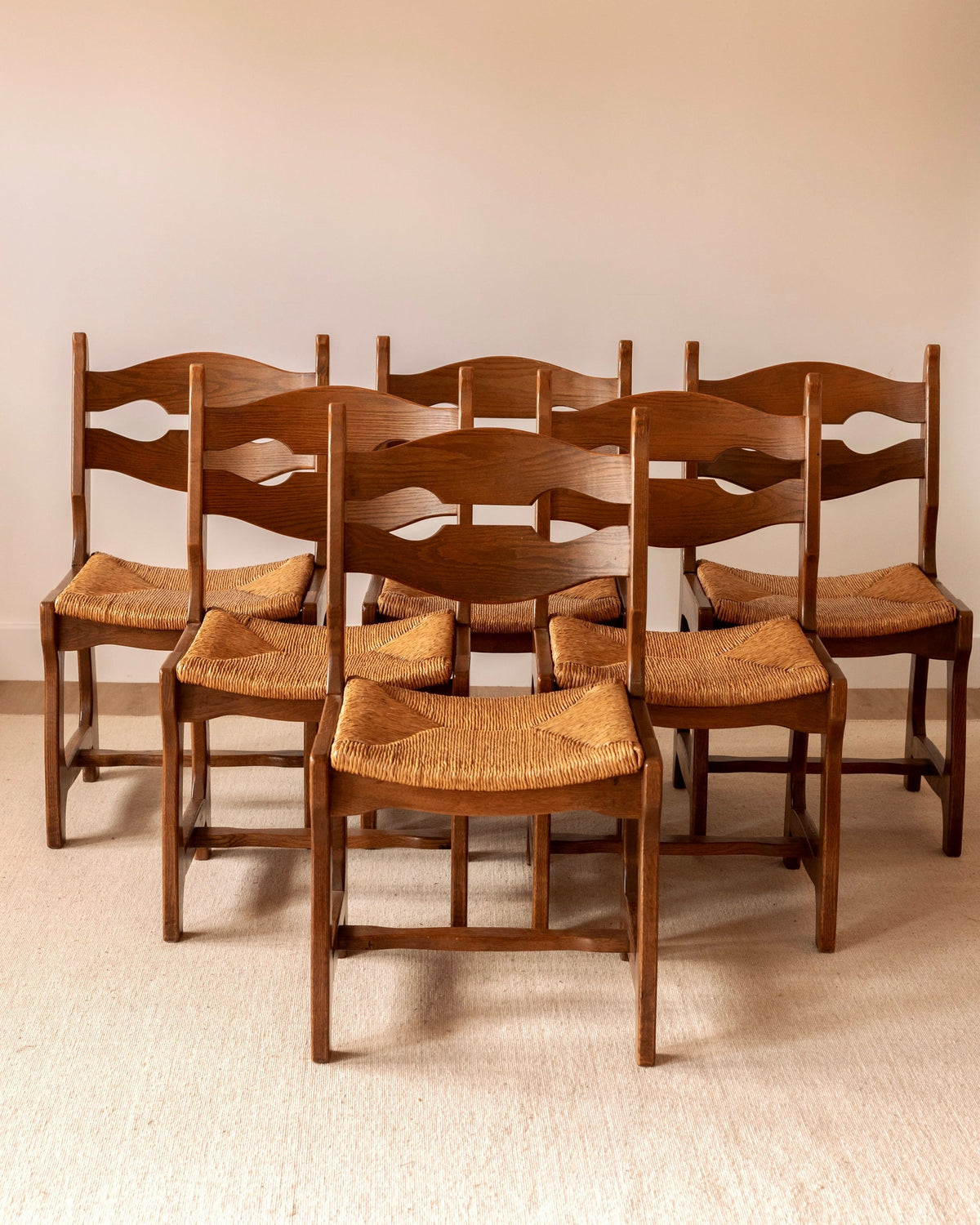 Set of Six French Oak Razor-Back Chairs by Guillerme et Chambron, c.1960 by Maud Vaughan | The Oblist
