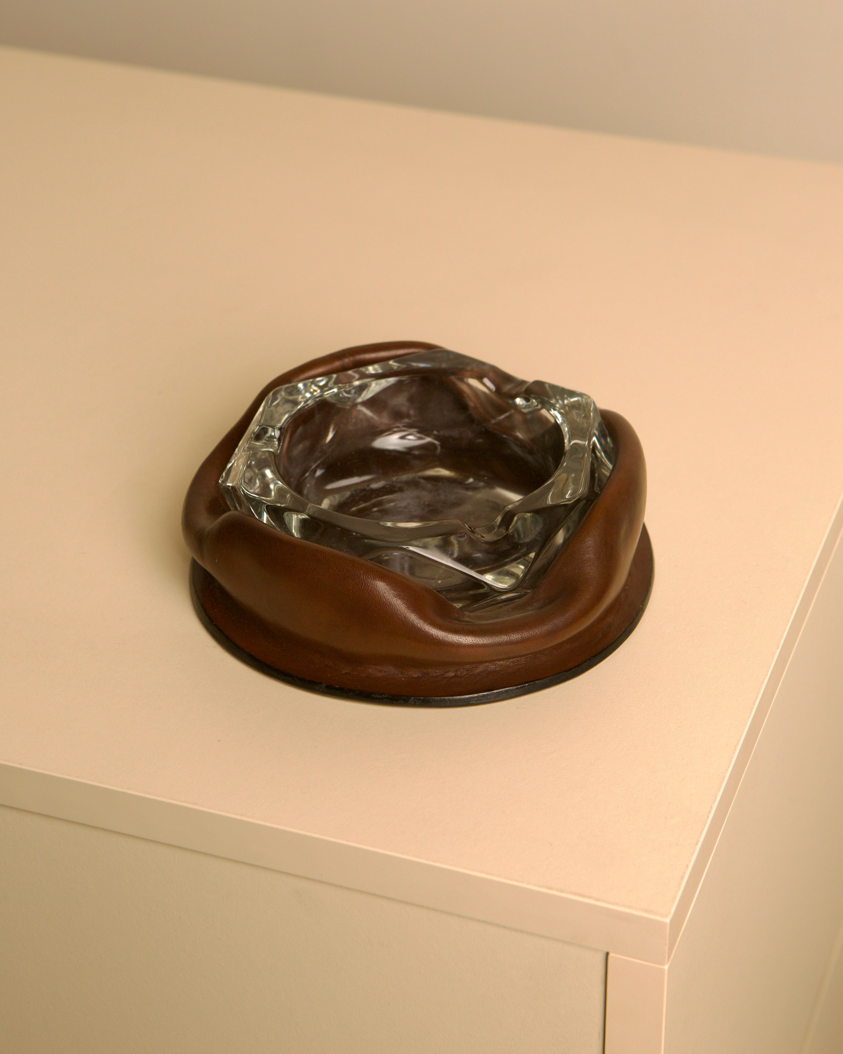 60s Italian brown leather glass ashtray by Treaptyque | The Oblist