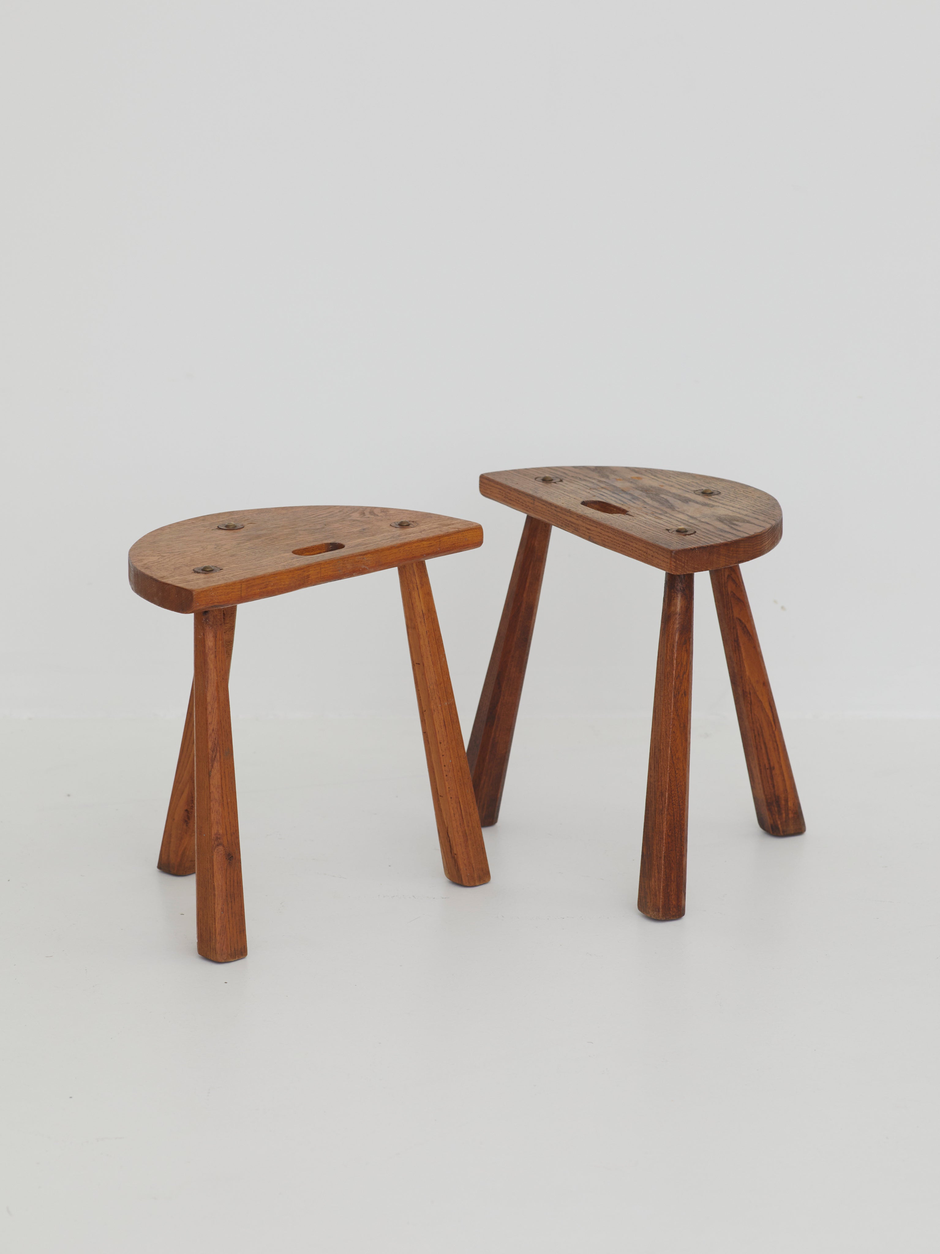 Two French Artisanal Solid Wood Half-moon Tripod Stools, Circa 1950 by DIG IN JAPAN | The Oblist — handcrafted solid wood, vi