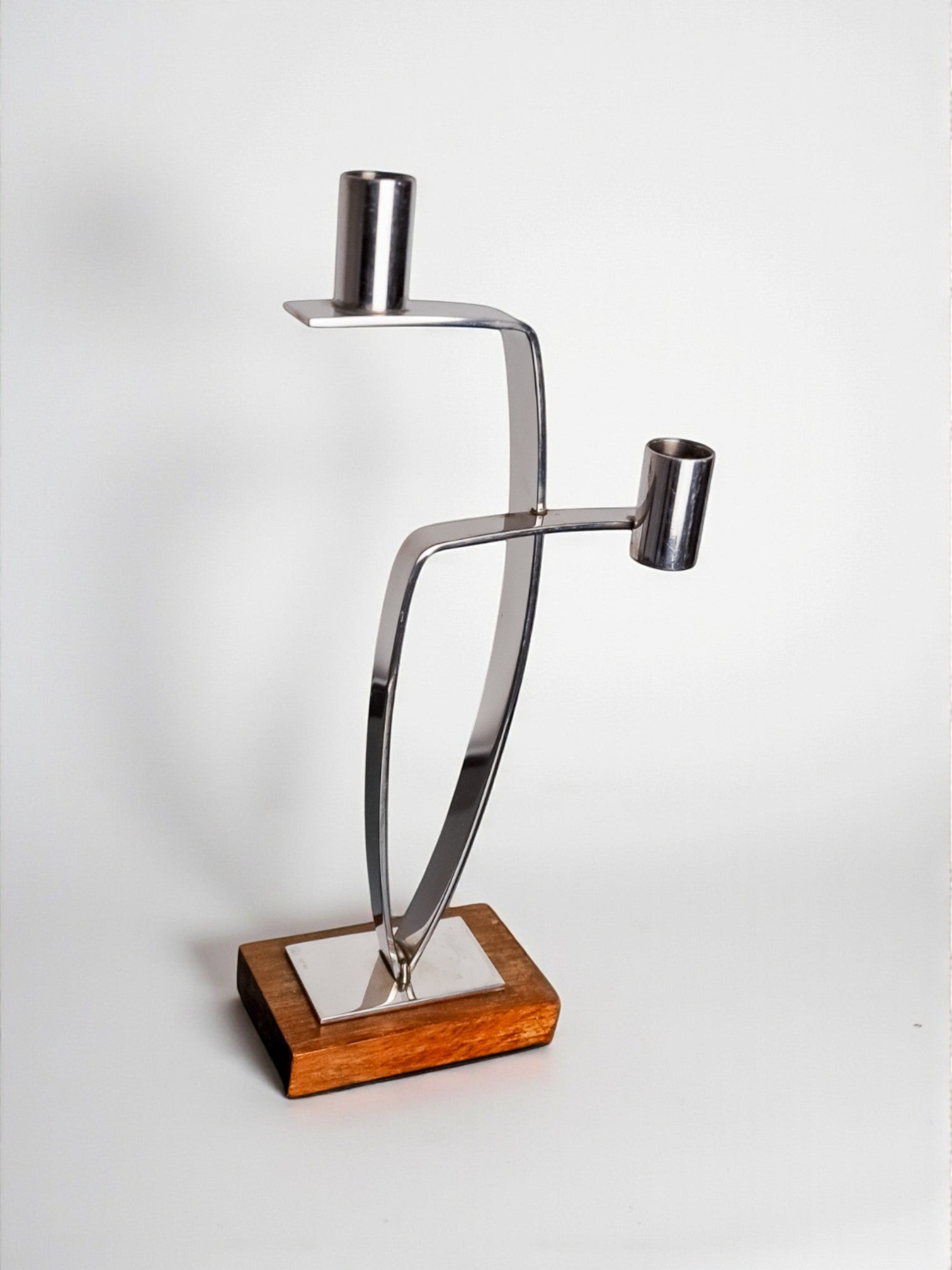 Candlestick in stainless steel and rosewood, 2 flames, Denmark, 1970's by Malamar Studio | The Oblist
